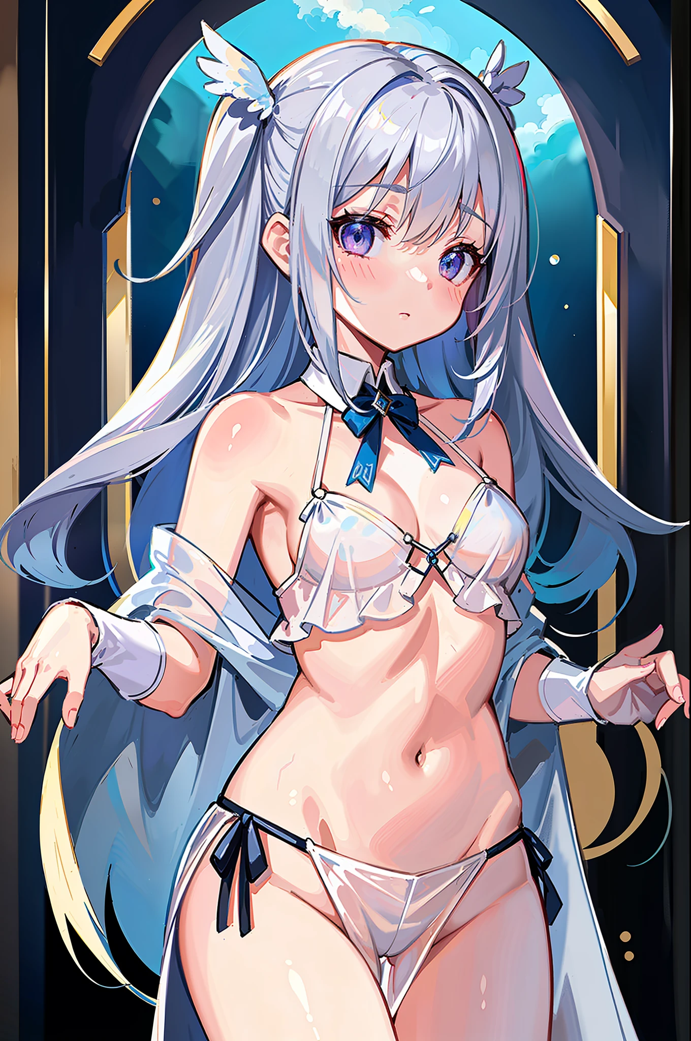 (MASTERPIECE), (Best Quality), (Ultra Detail), Official Art, One Girl, Silver-haired Lori, Petite Girl, Loli, Blue and White See-Through Robe, Sleeveless, Off Shoulder, Small, Small, Small, Underboob, Cleavage, Thigh Focus, Navel Out, White Wings, Card Illustration, Angel Standing in the Fountain
