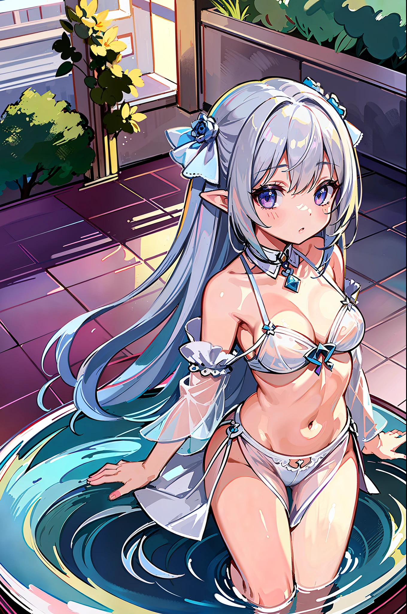 (MASTERPIECE), (Best Quality), (Ultra Detail), Official Art, One Girl, Silver-haired Lori, Petite Girl, Loli, Blue and White See-Through Robe, Sleeveless, Off Shoulder, Small, Small, Small, Underboob, Cleavage, Thigh Focus, Navel Out, White Wings, Card Illustration, Angel Standing in the Fountain