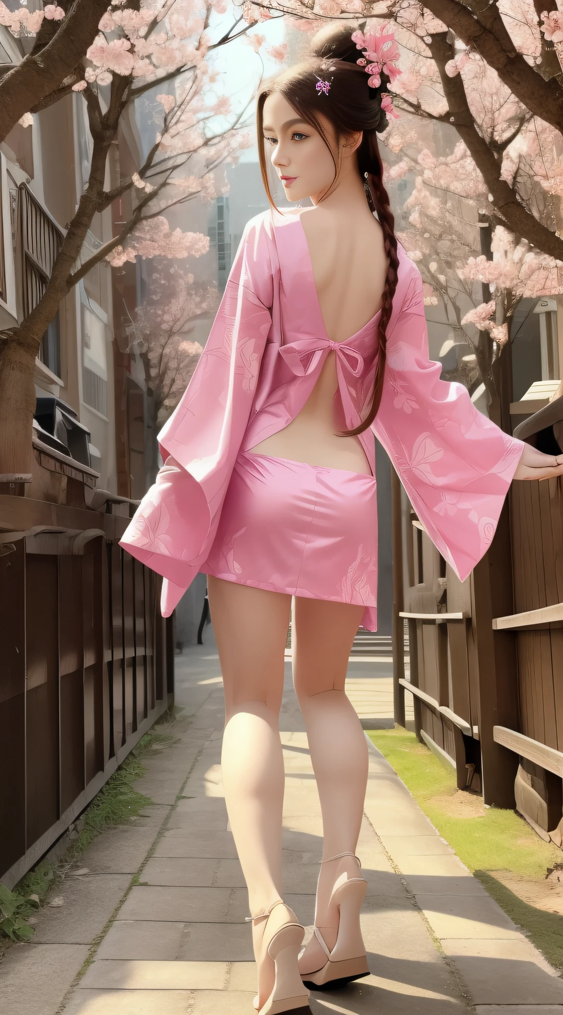 skswoman,FULL SHOT, FULL DETAILED BODY, a masterpiece of erotic art, 1GIRL, in detail lolita DASHA in the image of a Japanese geisha walks towards the camera along a picturesque alley with blooming Japanese sakura along a path covered with fallen pink sakura petals, in detail her hair is long chestnut to the ground, in detail her eyes are bright brown , in detail the eyelashes are long and fluffy, in detail the lips are delicate, in detail the make-up is pink, in detail the clothes are a translucent Japanese sapphire-colored kimono with sakura flowers in the form of applications, in detail the shoes are Japanese sapphire-colored gane with braids on the legs, in detail the ultra-short kimono with deep cutouts and decollete exposes beautiful slender legs to, character flirting at the camera, back light bright sun rays, detailed beautiful rim light, soft front light, soft shadows on the face, beautiful chiaroscuro on the face and body, hyperrealism, hyperdetail, high resolution, clear focus, uhd, 32k , site 500px, David Dubnitsky style, nudeart style.
