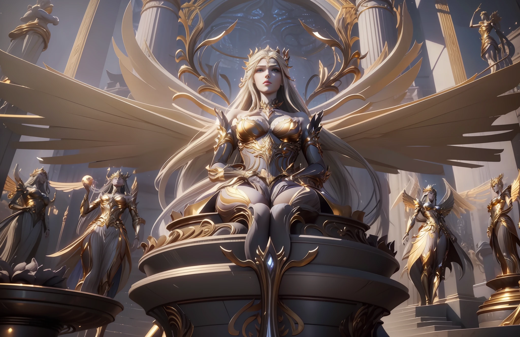 a close up of a statue of a woman with a golden dress, unreal engine render saint seiya, unreal engine render + a goddess, unreal 6 breathtaking detailed, extremely detailed goddess shot, cinematic goddess close shot, intricate ornate anime cgi style, divinity detailed, unreal engine 5 lumen, unreal engine fantasy art, unreal engine 5 detail, unreal engine', elven architecture,best quality,masterpiece, Super high resolution, (realism: 1.4), super detailed, colorful, extremely detailed and beautiful background, realistic, shadow room, light edge, two-tone lighting, 8k uhd, SLR, soft light, high quality, volumetric lighting, photo, high resolution, 4k, 8k, angel statue, three pairs of wings