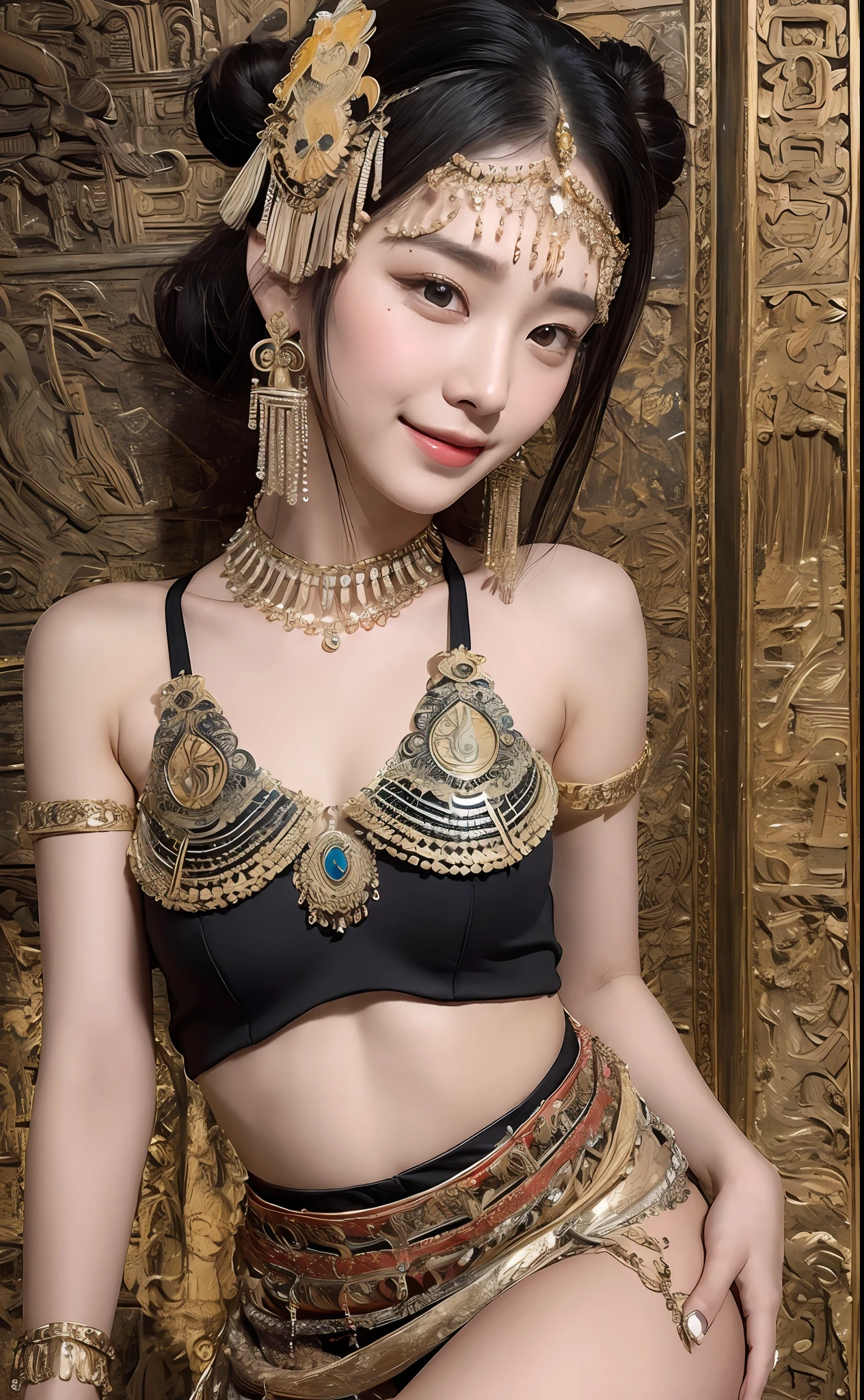 Best quality, masterpiece, detailed skin texture, detailed cloth texture, detailed face, super detail, 8k, intricate detail, 1girl, black hair, bangs, ancient Chinese background, thin, collarbone, headdress, earrings, bun, hair ornament, jewelry necklace, smile, full body photo