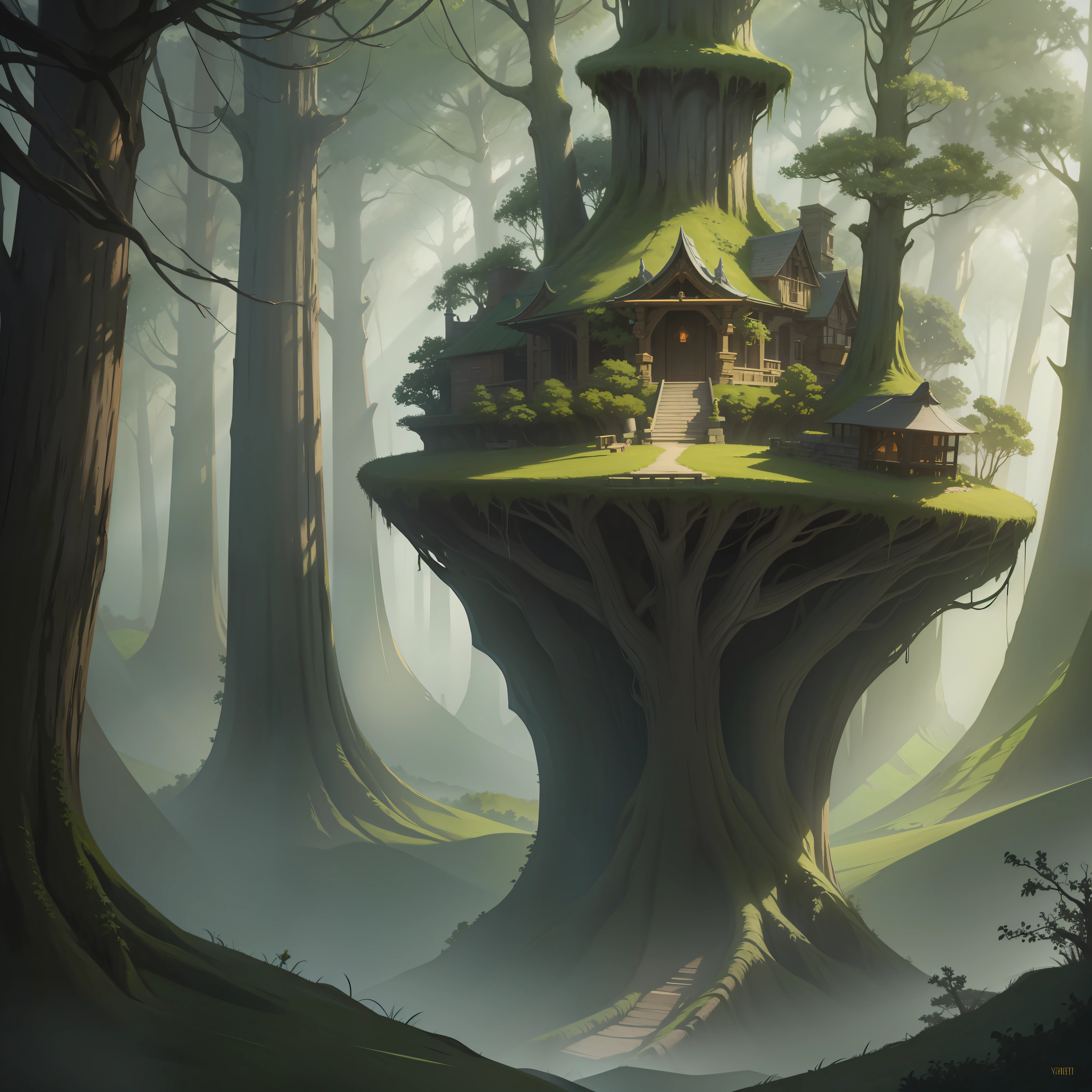 masterpiece, high quality, cinematic lighting, In a forest, an elf hidden at the top of a rbre observes a giant below, volumetric light, digital painting --v6