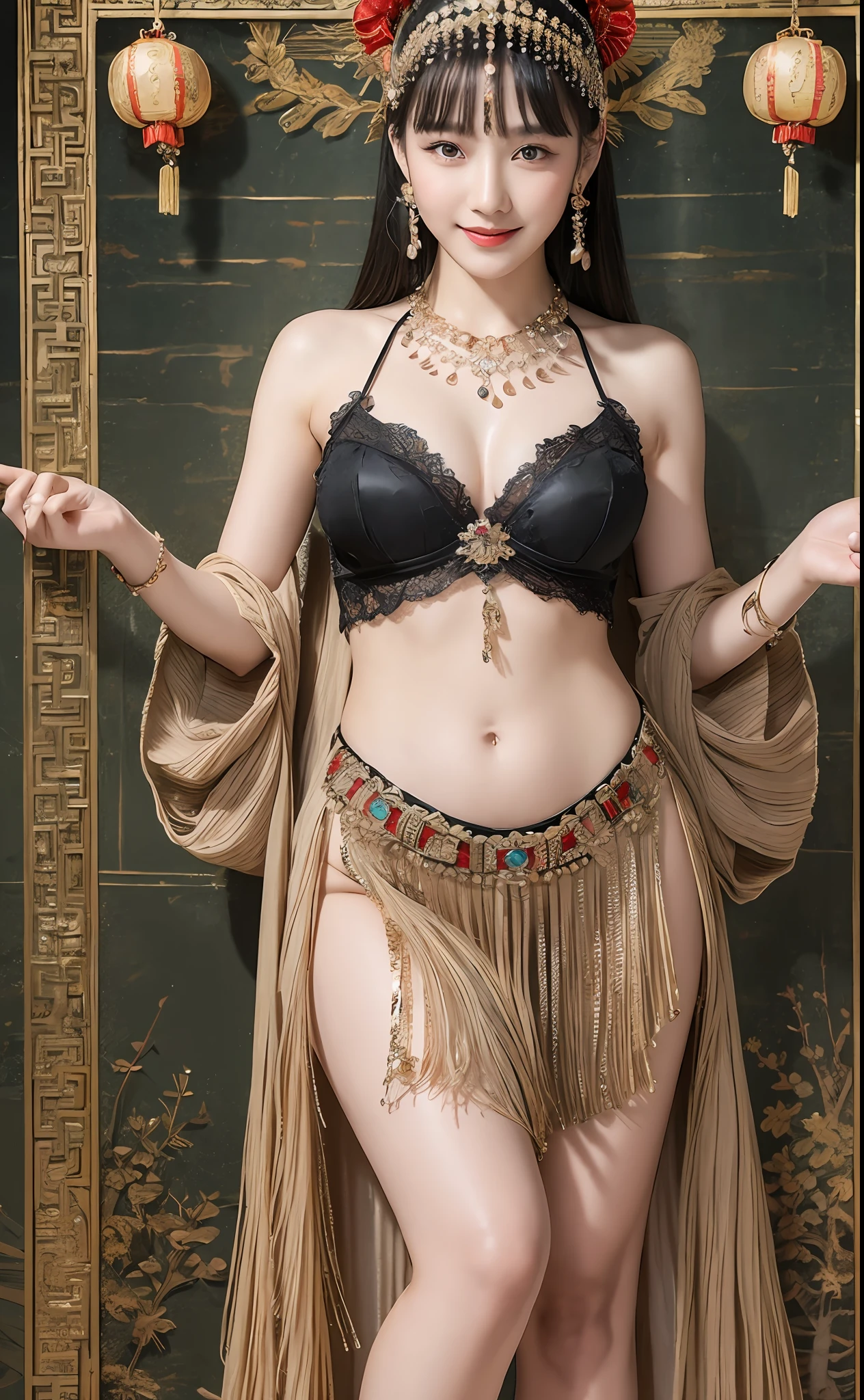 Best quality, masterpiece, detailed skin texture, detailed cloth texture, detailed face, super detail, 8k, intricate detail, 1girl, black hair, bangs, ancient Chinese background, thin, collarbone, headdress, earrings, bun, hair ornament, jewelry necklace, smile, full body photo