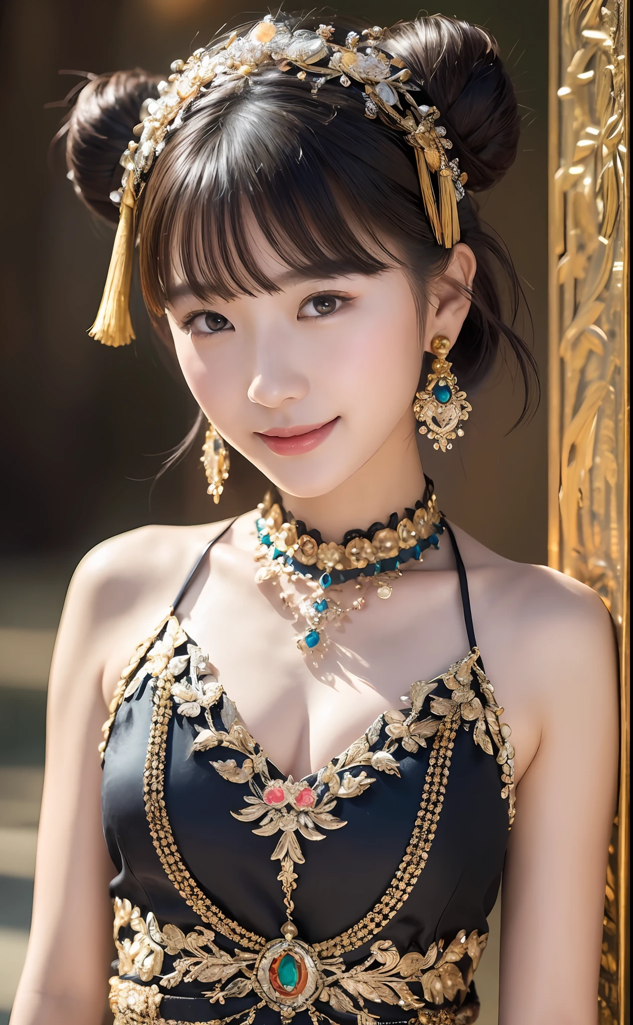 Best quality, masterpiece, detailed skin texture, detailed cloth texture, detailed face, super detail, 8k, intricate detail, 1girl, black hair, bangs, ancient Chinese background, thin, collarbone, headdress, earrings, bun, hair ornament, jewelry necklace, smile, full body photo