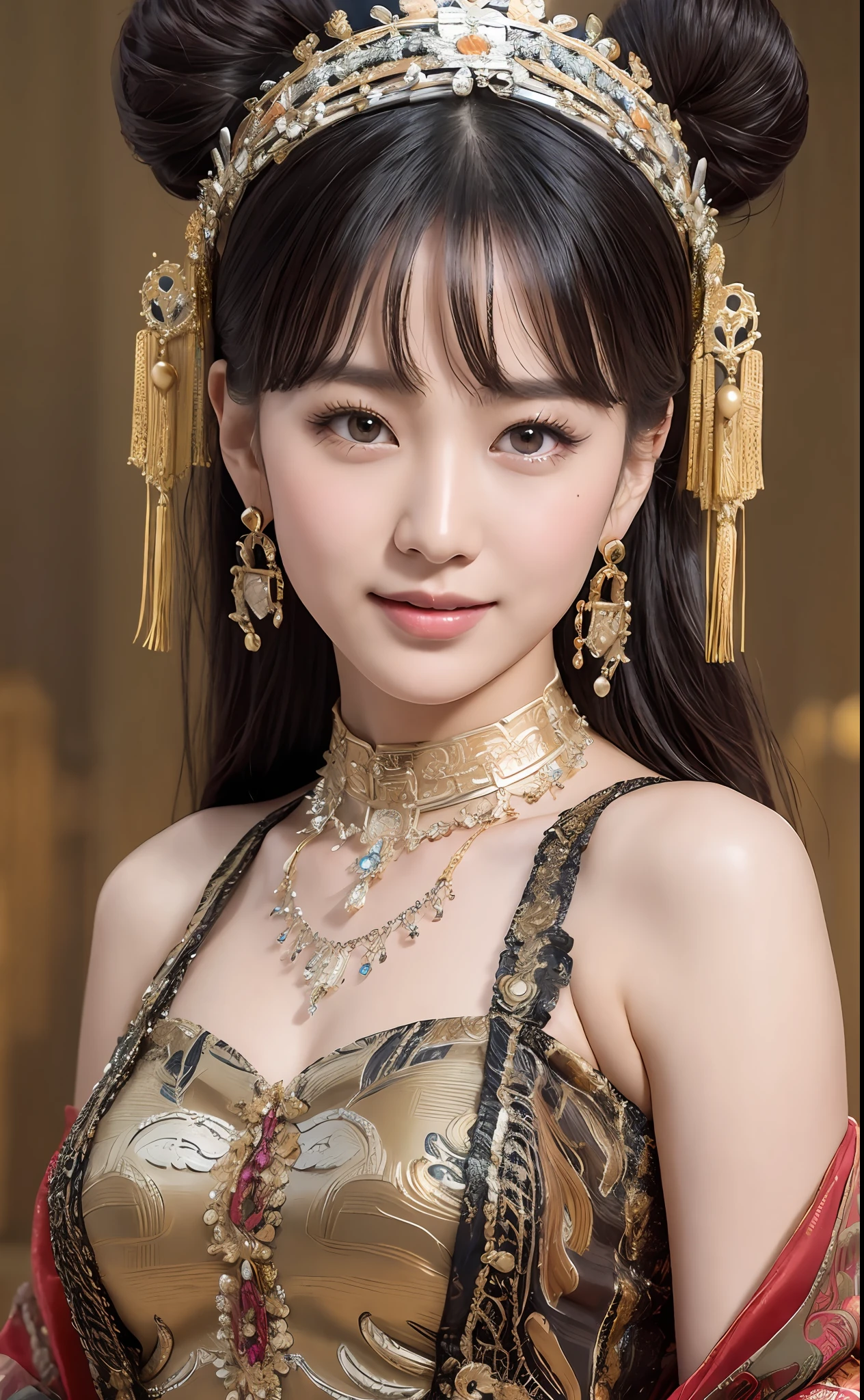 Best quality, masterpiece, detailed skin texture, detailed cloth texture, detailed face, super detail, 8k, intricate detail, 1girl, black hair, bangs, ancient Chinese background, thin, collarbone, headdress, earrings, bun, hair ornament, jewelry necklace, smile, full body photo