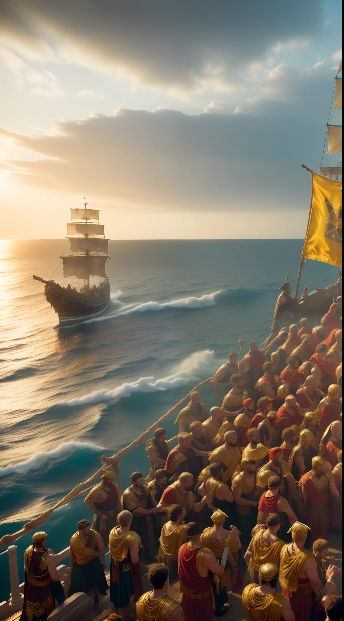 (masterpiece, 8K, UHD, photo-realistic:1.3 by Greg Rutkowski), Julius Caesar, (Roman toga:1.4), golden laurel wreath, standing confidently, a group of (rough pirates:1.3) in the background, (weathered attire, gnarly scars:1.2), ancient ship deck, looking determined, cloudy sky, dynamic angle, realistic style.