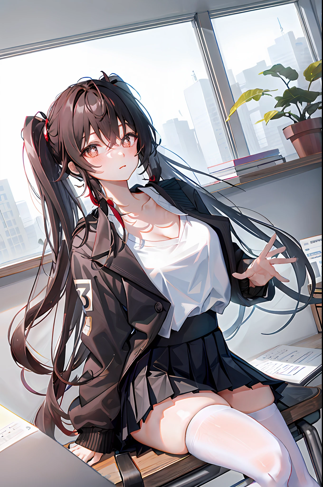 Hu Tao, 1girl, solo, ((white shirt)), black thighhighs, breasts, cleavage, uniform, office background, black skirt, pleated skirt, office, hair between eyes, brown eyes, flower pupils, medium breasts, long hair, looking at viewer, Black hair, brown short nails, solo, thighhighs, thighs, very long hair, ((masterpiece)), sitting, chair, desk, computer on desk, name tag, id tag, indoor, blush, sexy pose, ((long twintail)),