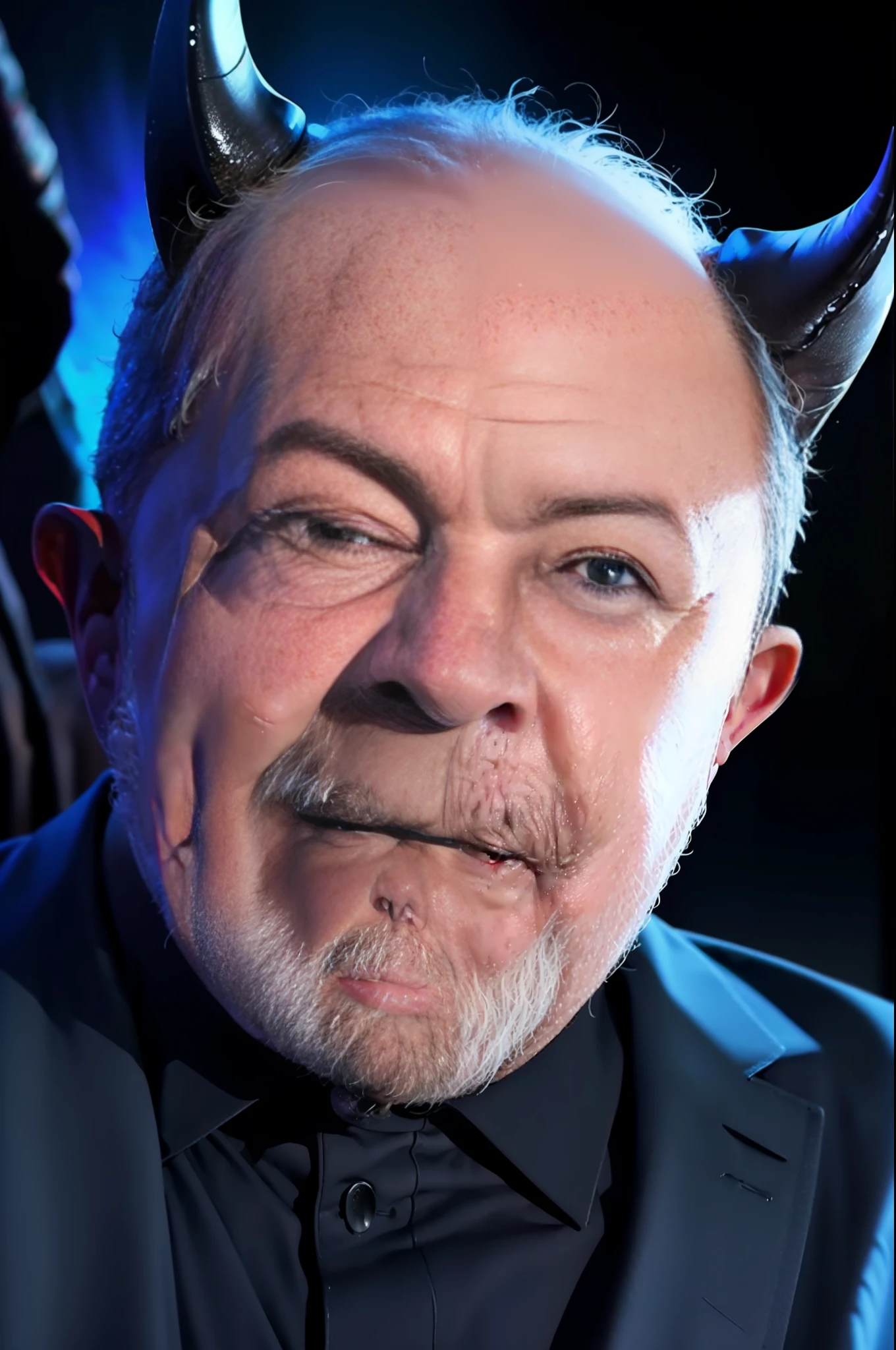 President Lula talking with demon horn in a dark and surreal setting, with dramatic lighting and horror elements. (Translation: President Lula talking to a demon's horns in a dark and surreal setting, with dramatic lighting and horror elements.)