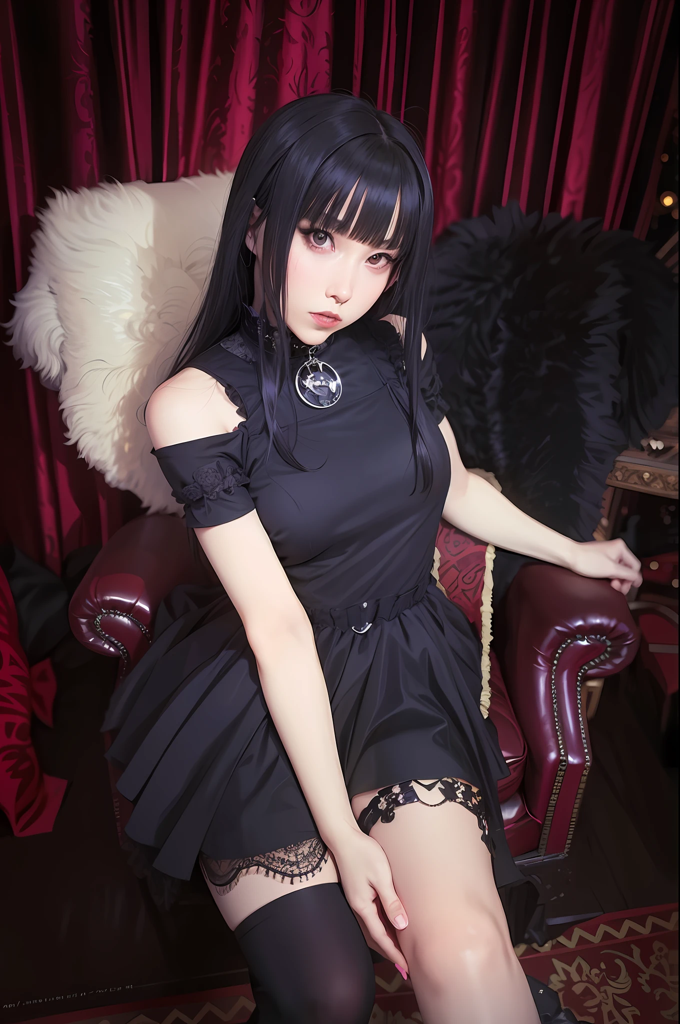 there is a woman sitting on a chair in a black dress, black gothic lolita dress, black hime cut hair, anime girl wearing a black dress, gothic clothing, misa amane *, gothic clothes, dark gothic dress, cruel korean goth girl, wearing a gothic dress, gothic dress, dark astral dress, 1 7 - year - old anime goth girl