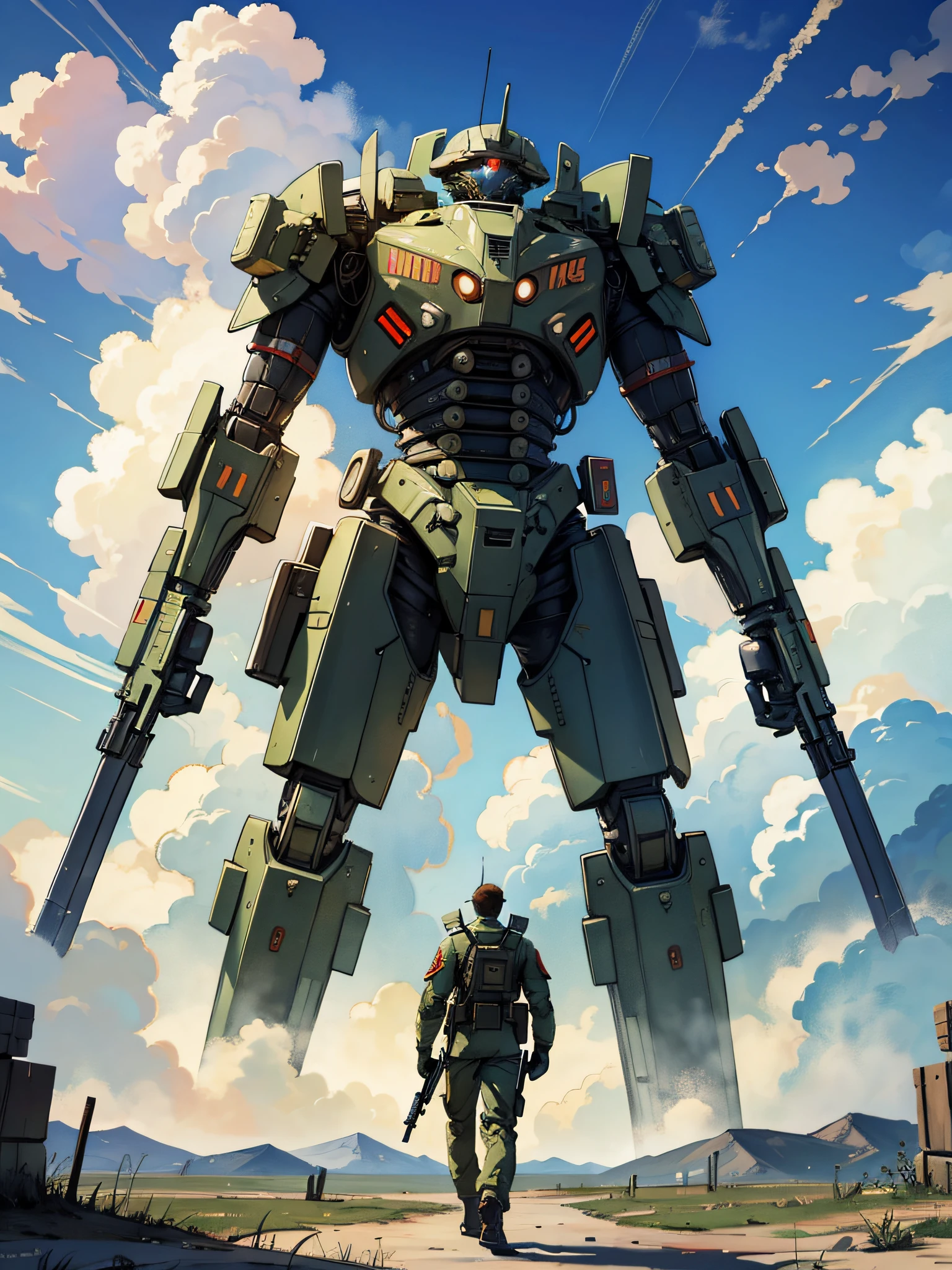 (excellent), oriental detail background, science fiction, giant robot, one, war, monster army, technical suit, military uniform, propaganda