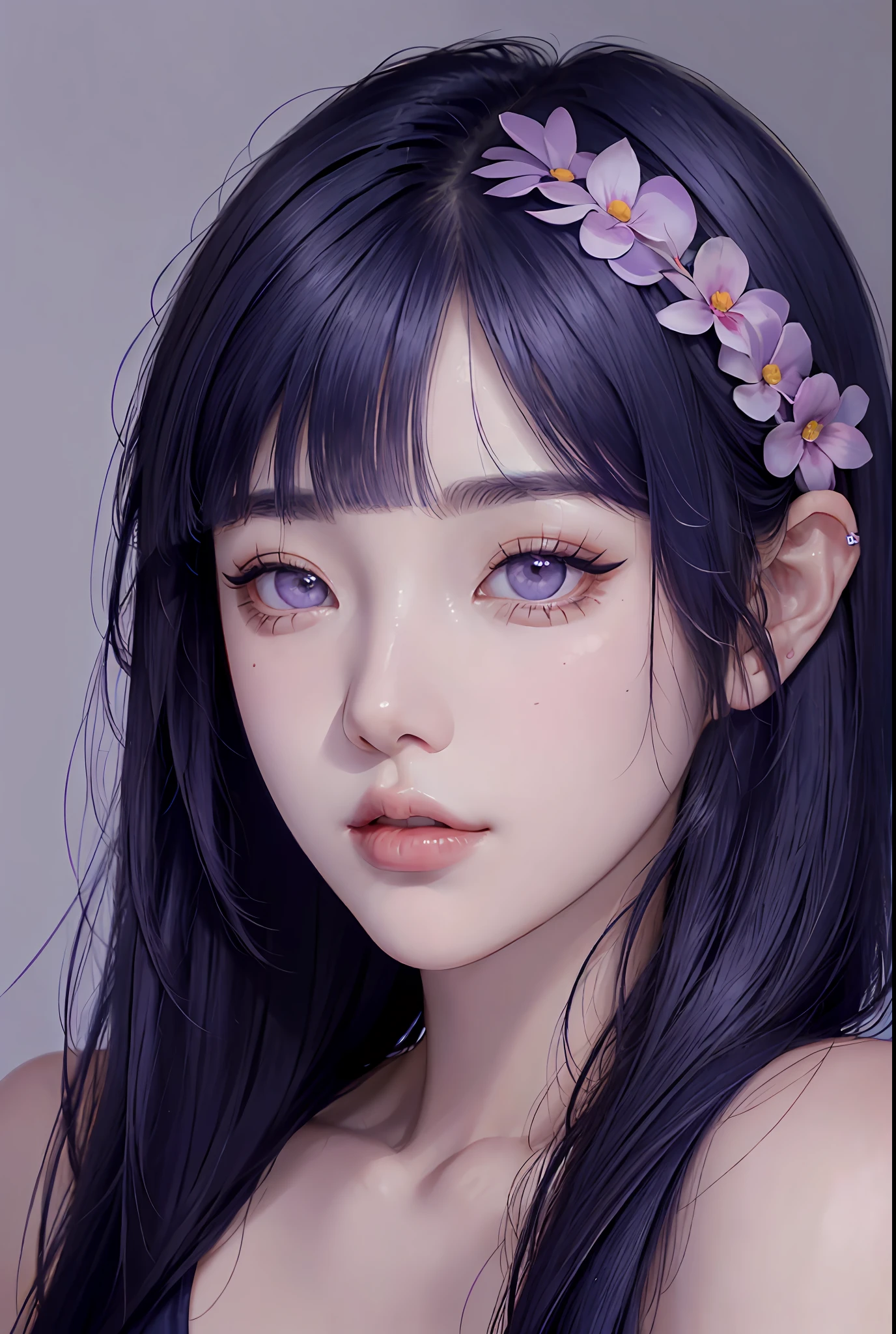 Blunt bangs, dark blue hair, super beautiful face, shining eyes, korean make up, 1 girl, purple eyes, gorgeous hair, close up, portrait, painting, pretty