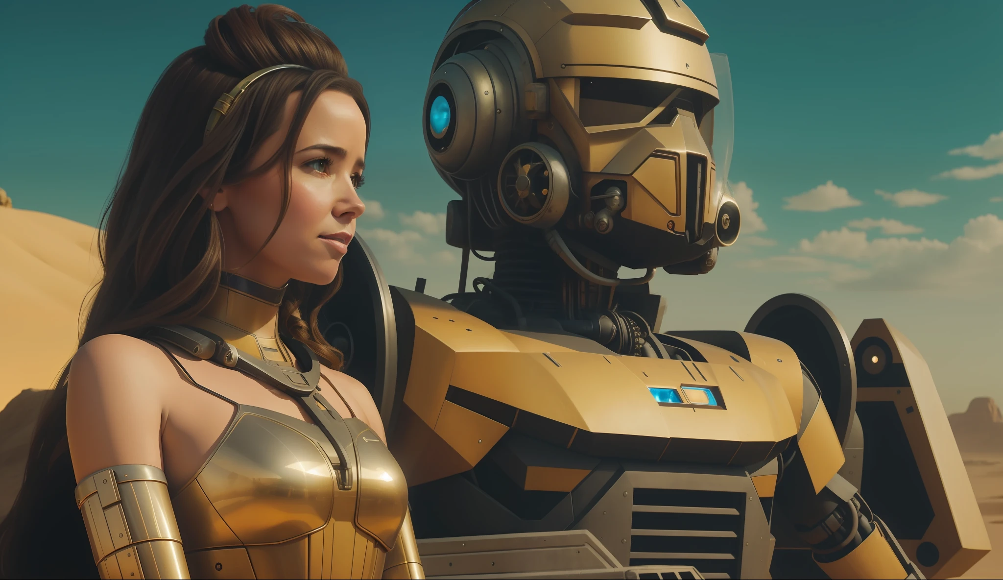 a woman (Linda Cardellini) standing next to a robot in a desert, a renaissance painting by Edward George Handel Lucas, featured on cgsociety, retrofuturism, reimagined by industrial light and magic, steampunk, artstation hq