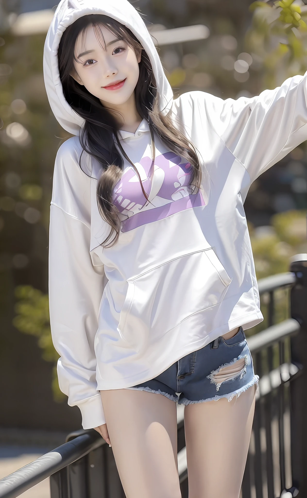 Realism, 8k, 1girl, long wavy curls, pale skin (Chinese beauty), (smiling) young beauty, thick eyebrows, ((D cups)), hoodie ((good figure)), (tight) denim shorts (light denim shorts), small waist, wide thighs, standing one thigh up, wide thigh gap, legs apart