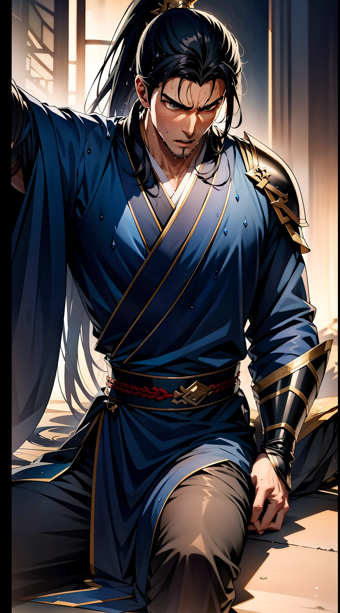 Two-dimensional, anime style, man (male warrior), muscle, correct proportions, face details, martial arts, high ponytail hairstyle, sweating, sweaty face, drooling, neck details, with Adam's apple, wet, wet, Hanfu costume, long robe, embroidered robe, dragon robe, clothing details, collar, long sleeves, game quality, swordsman demeanor, light and shadow tracing, ray tracing, detail glow, CG rendering, hair details, long black hair, golden eyes, sweaty face, handsome, handsome, sweat beads slipping down the neck, (juvenile feeling), complex clothing, wet, wet, perfect composition, refinement, high quality, more details, a lot of details, complex background, atmosphere,