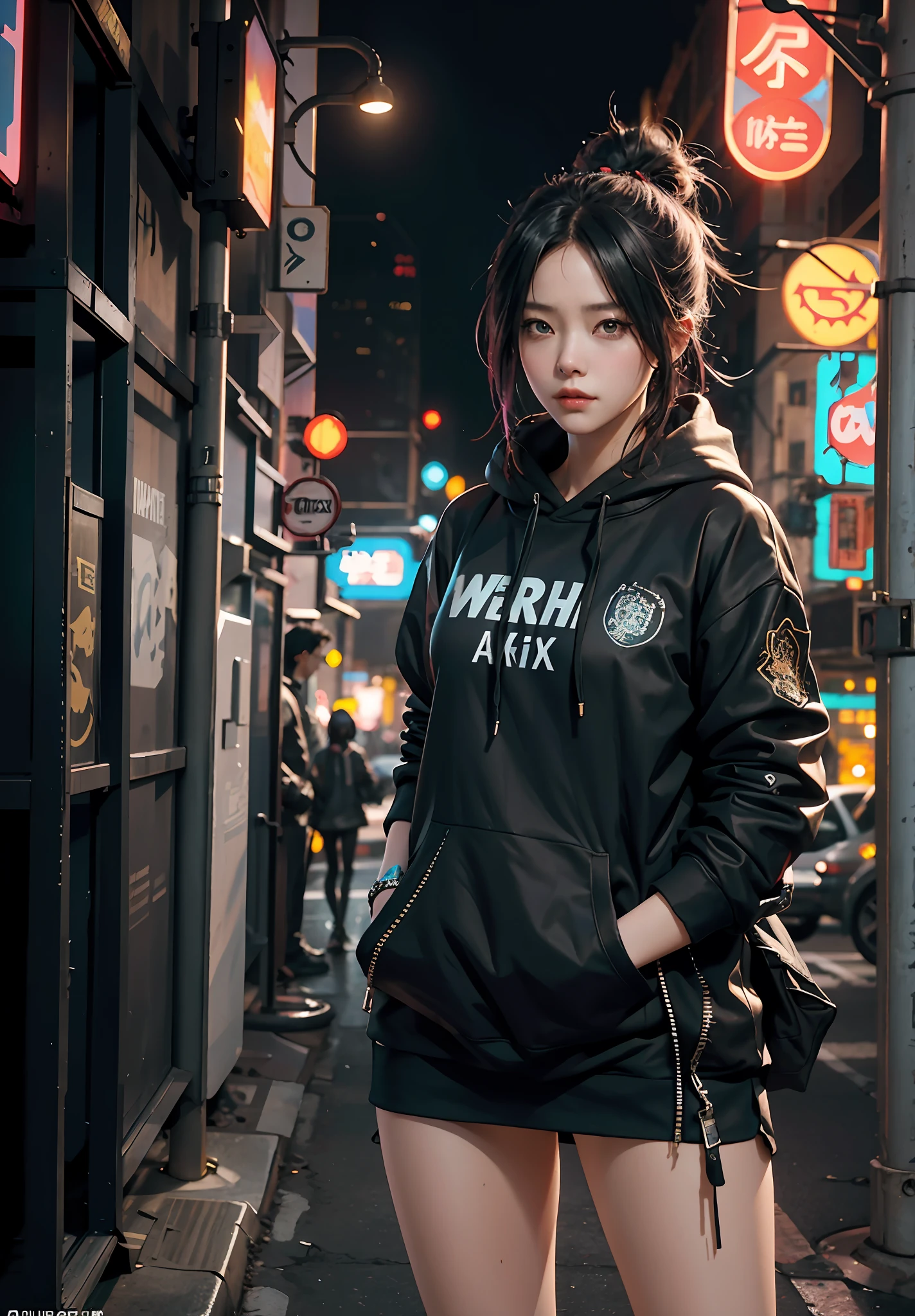 there is a woman with a camera on a city street, artwork in the style of guweiz, cyberpunk anime girl in hoodie, guweiz, trending on cgstation, ross tran 8 k, hyper-realistic cyberpunk style, cyberpunk anime girl, beautiful cyberpunk girl face, guweiz on pixiv artstation, dreamy cyberpunk girl