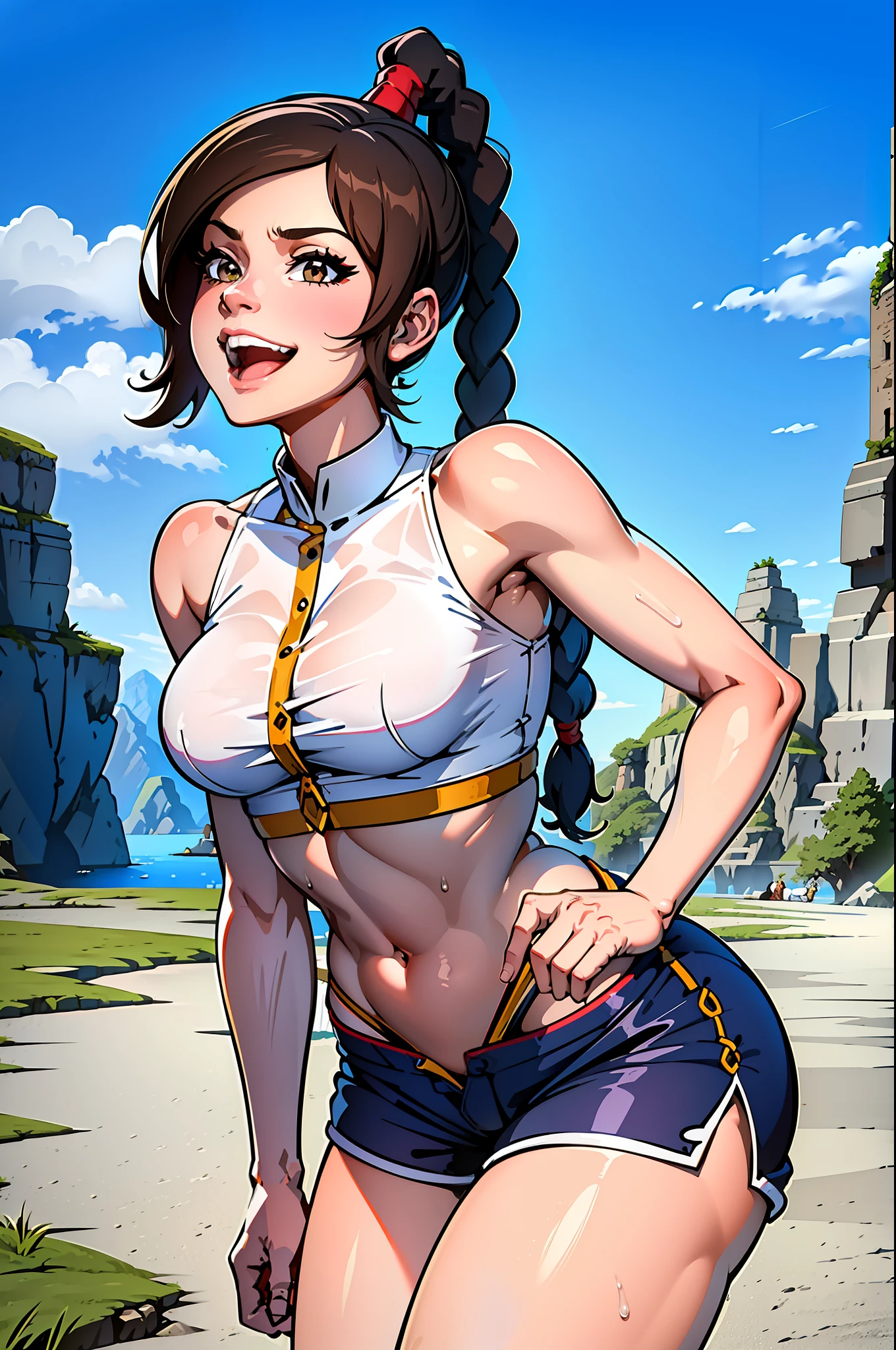 ultra-realistic 8K CG, masterpiece, ((ultra detailed background, fine drawing, intricate details, high detail, better quality fine details, hyper-detailed face)), (photorealistic: 1.4), beautiful lighting, absurdity, RAW photo, film grain, TyLee, 1girl, solo, brown hair, braid, smile, long hair, brown eyes, navel, belly, braided tail, (short shorts, wet shirt), (medium breasts, slim girl, wide hips, ass), cum, lots of cum, open mouth, in mouth, squats, legs spread, ((complex detailed background, outside, medieval background, blue sky, tavern)), erotica, wet skin