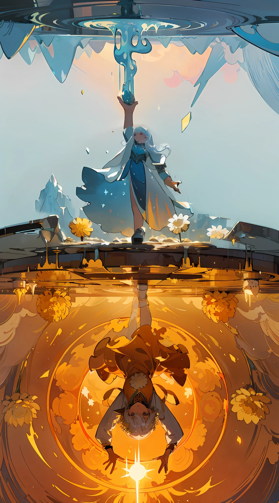 Extremely cold world, frozen goddess, hands up, (character soaring into the air: 1.331), white hair, wearing ice dress, (white chrysanthemum: 1.2), magic array under feet, water ripples, spinning, (slime elf: 1.331), wind, outdoors, strong sunlight, (background is broken mirror: 1.4), mirror with rotation, first-person view, double eyelids, convex nose bridge, small mouth, (high cold), comics, Ray tracing, detail, 8K, HD, high quality