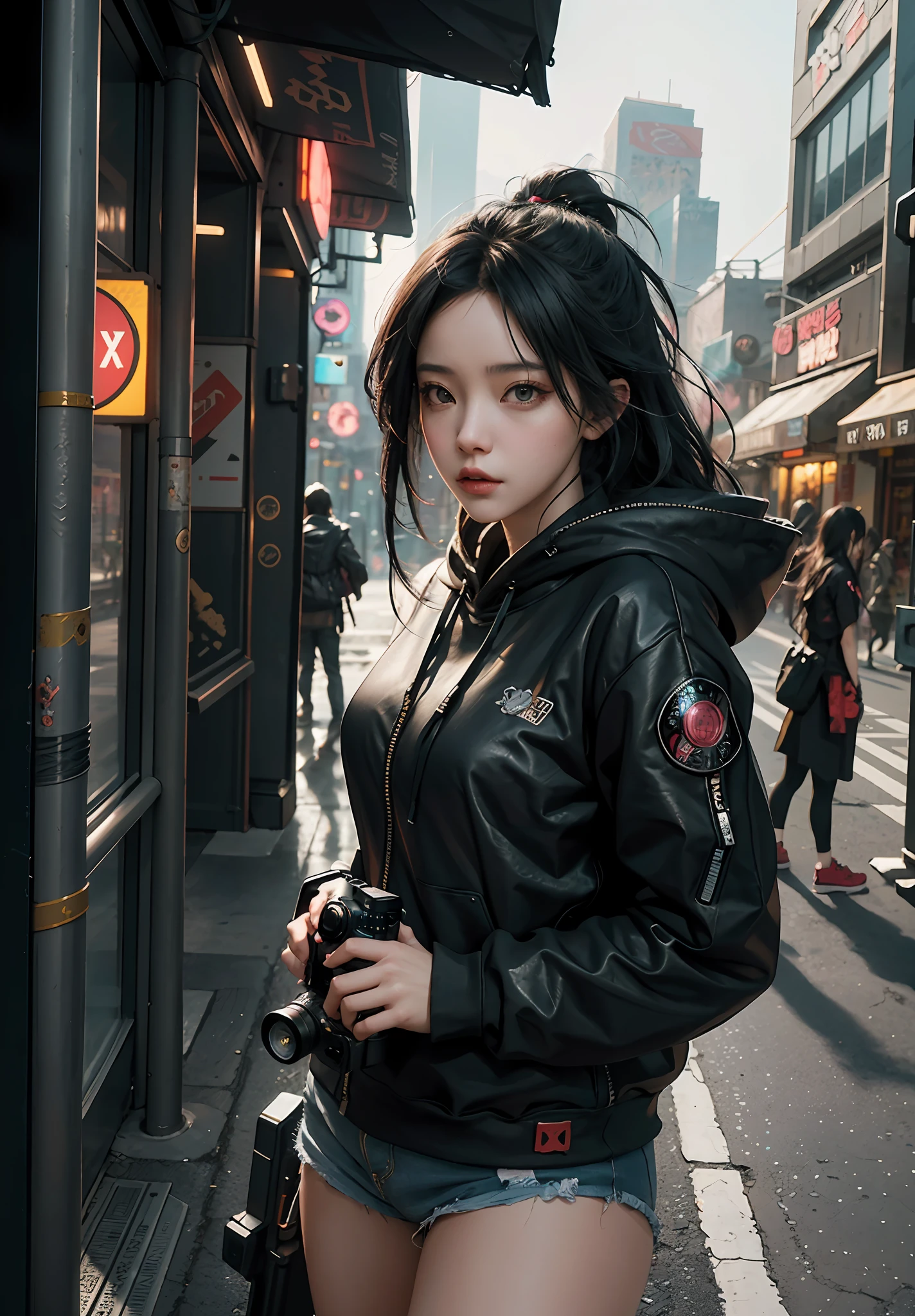 there is a woman with a camera on a city street, artwork in the style of guweiz, cyberpunk anime girl in hoodie, guweiz, trending on cgstation, ross tran 8 k, hyper-realistic cyberpunk style, cyberpunk anime girl, beautiful cyberpunk girl face, guweiz on pixiv artstation, dreamy cyberpunk girl