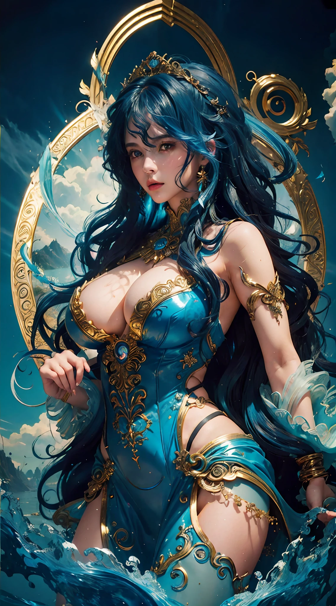 (Masterpiece, top quality, best quality), (((Beautiful anime style girl,))), 20 years old, oversize model, (((Super huge breasts))), (((Blue wavy hair))), Extreme detail, Colorful, luminescent, art concept art by Kahngriffith and Vadim Kashin, ethereal, standing, perfect, pure form, golden ratio, by Brian Froud, Carne Griffiths, Wadim Kashin and John William Waterhouse,