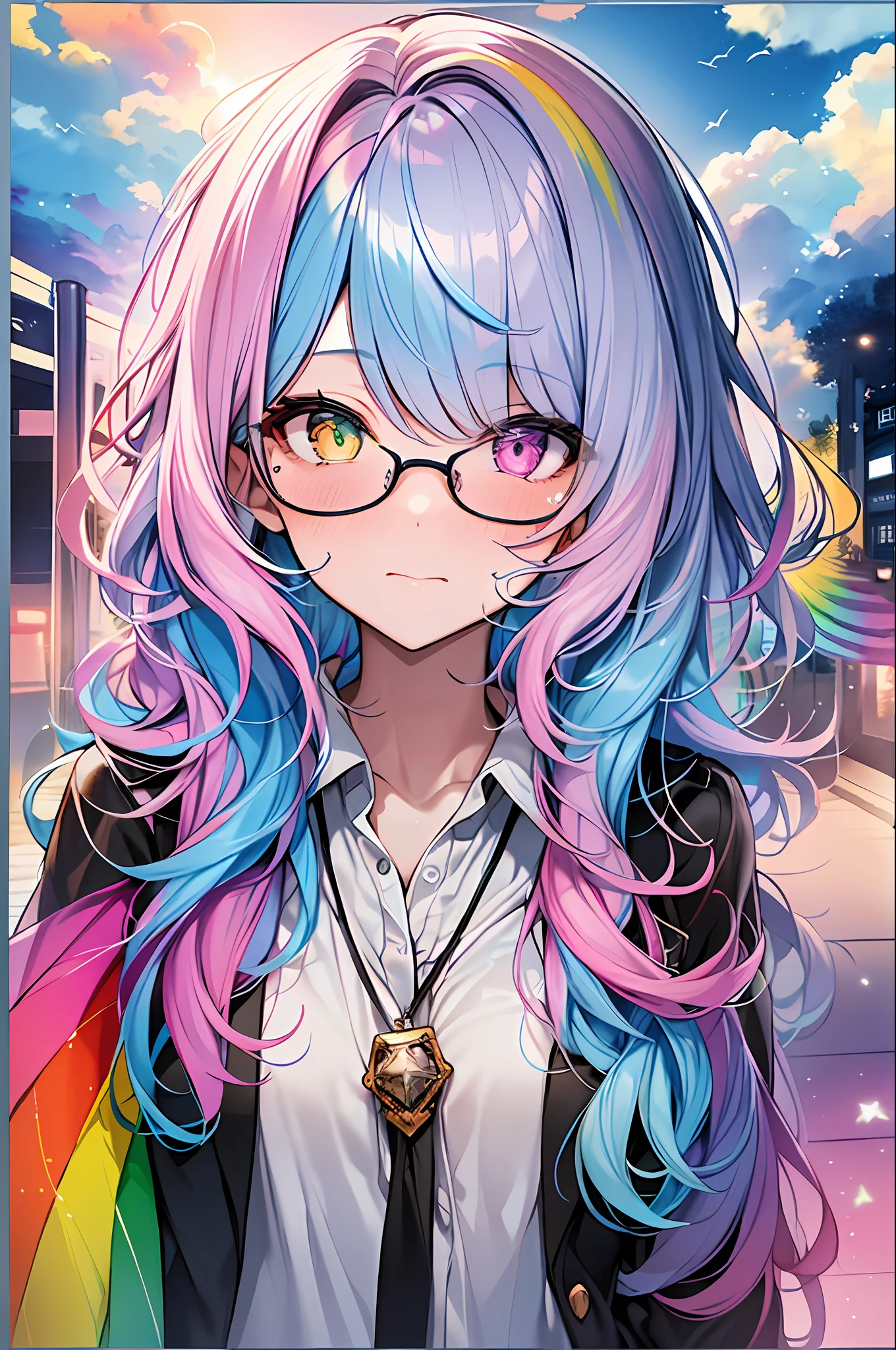 (masterpiece, highest quality, highest quality, watercolor art (pendant), official art, beautiful and aesthetic, (1.2), (1 girl: 1.3), (fractal art: 1.3), full body, star-shaped pupil, , pattern, ((iridescent hair, colorful hair, half blue and half pink hair: 1.2)), (school uniform), colorful, glasses, writing, heterochromia, (colorful: 1.5), ((rainbow sky)), sun, (embarrassed face)