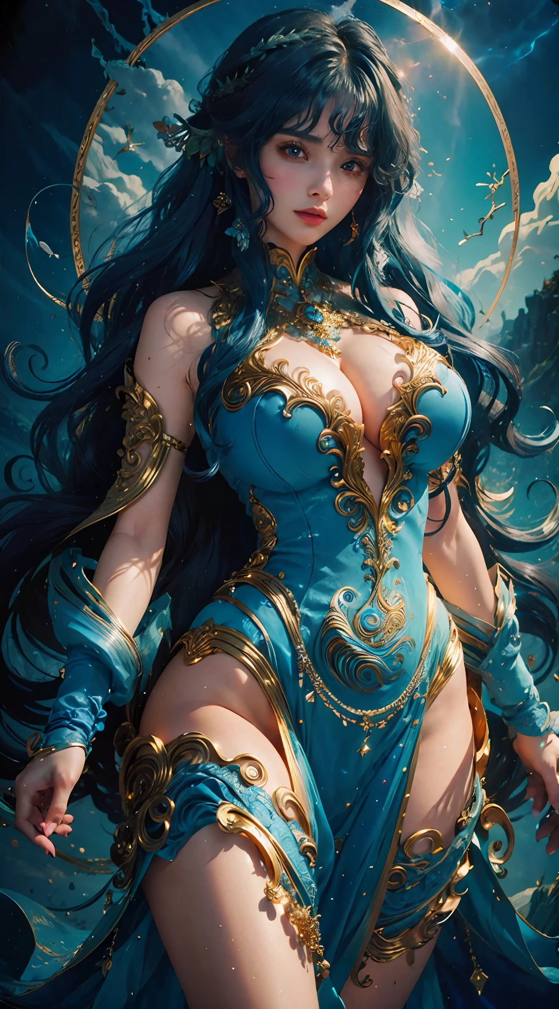 (Masterpiece, top quality, best quality), (((Beautiful anime style girl,))), 20 years old, oversize model, (((Super huge breasts))), (((Blue wavy hair))), Extreme detail, Colorful, luminescent, art concept art by Kahngriffith and Vadim Kashin, ethereal, standing, perfect, pure form, golden ratio, by Brian Froud, Carne Griffiths, Wadim Kashin and John William Waterhouse,