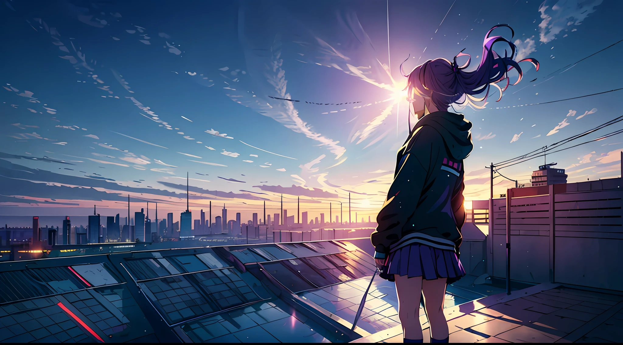 1girl, Long purple hair, Modern hoodie, Skirt, Converse shoes, Modern City, On the edge of the roof of the skyscape, noon, sun, blue sky, clouds, (taken from behind)), low angle, volumetric lights, 8K, best quality, sharp, detail, moon and sun