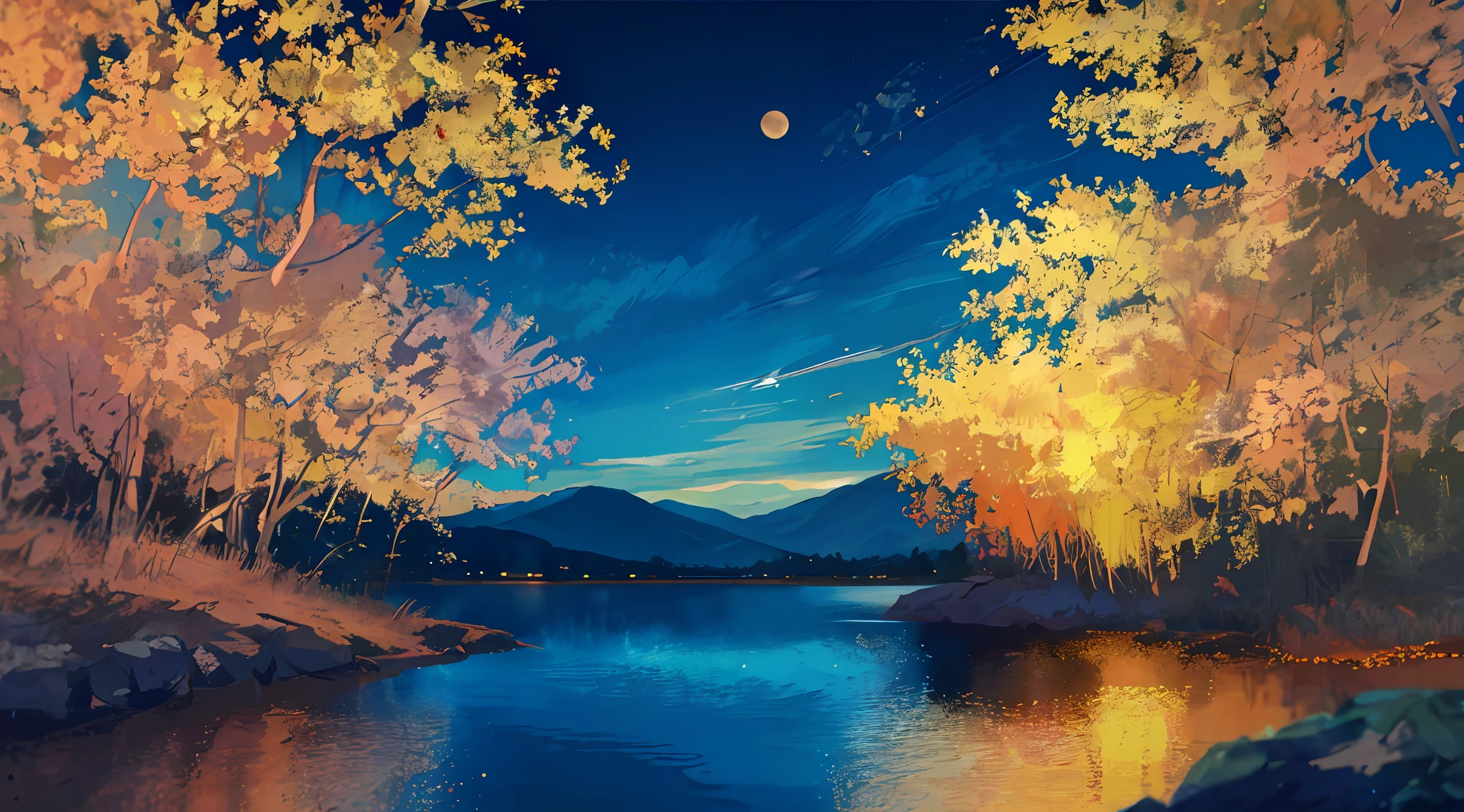 Masterpiece, best quality, depth of field, night, sky, moon, glow, lake, hill, tree