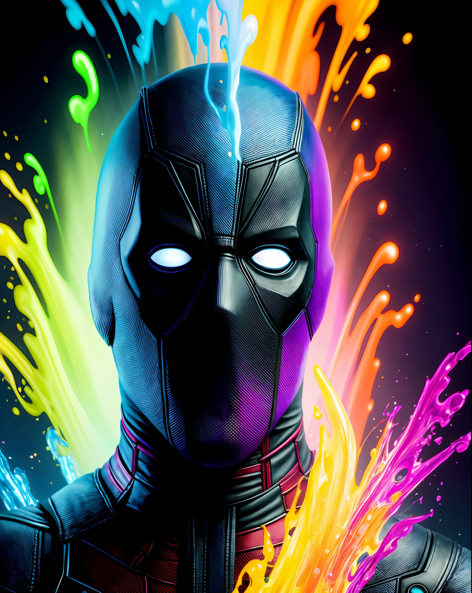 Incredibly beautiful portrait of Deadpool from Marvel, intricate complexity, surreal horror, inverted neon rainbow drip paint, trending on Art Station, photorealistic, 8K, octane render by Greg Rutkowski