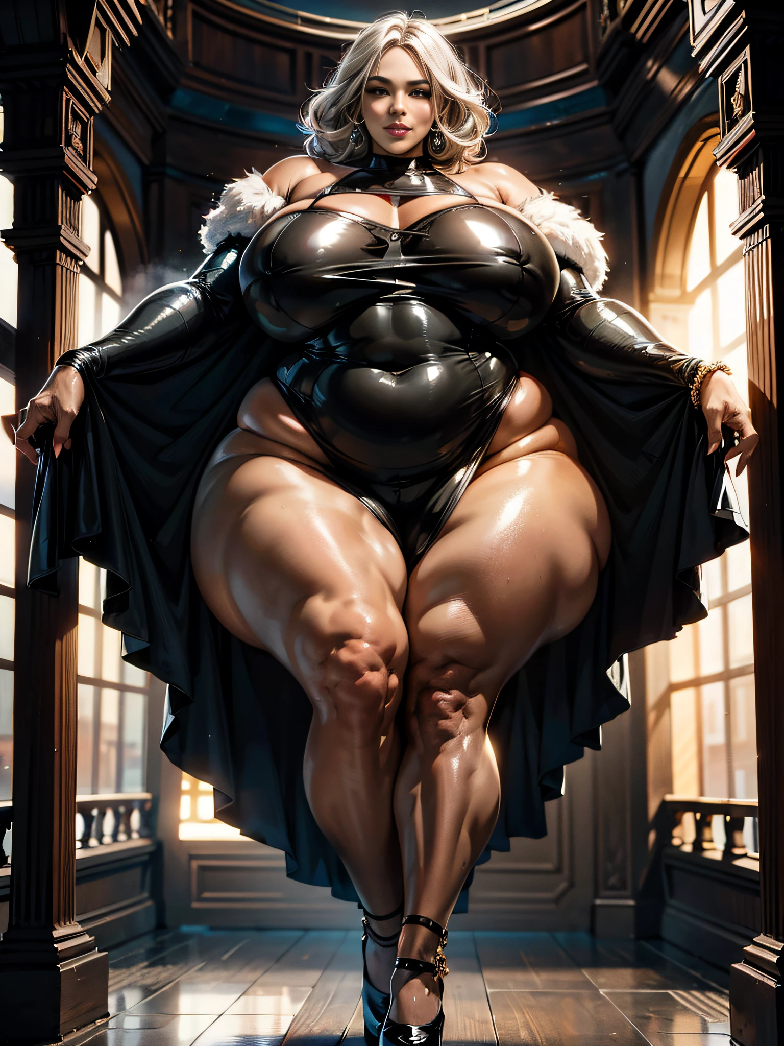 Elaborate CG artwork, (top quality, exquisite details, absolute masterpiece), (head-to-toe image)), ((full body image)), ((dynamic pose)), (plus size model)), (chubby), (beautiful mature woman with mahogany-colored black skin wearing too small tight dress and high heels with deep slit in dynamic pose, solo), ( Mahogany black skin))), (light silver hair))), (short wavy hair), (colorful striped hair)), detailed beautiful mature face, very detailed beautiful face and eyes, (detailed seductive and sharp eyes), (plump pink lips)), (big white eyeshadow), blush, (sadistic seductive smile), (curvaceous), ( incredibly huge curvaceous hips), (very huge sensual buttocks), (ridiculously huge thick thighs), (very shiny clothes), (sparkly skin), (wet oily skin), fingernail art, jewelry, bracelets