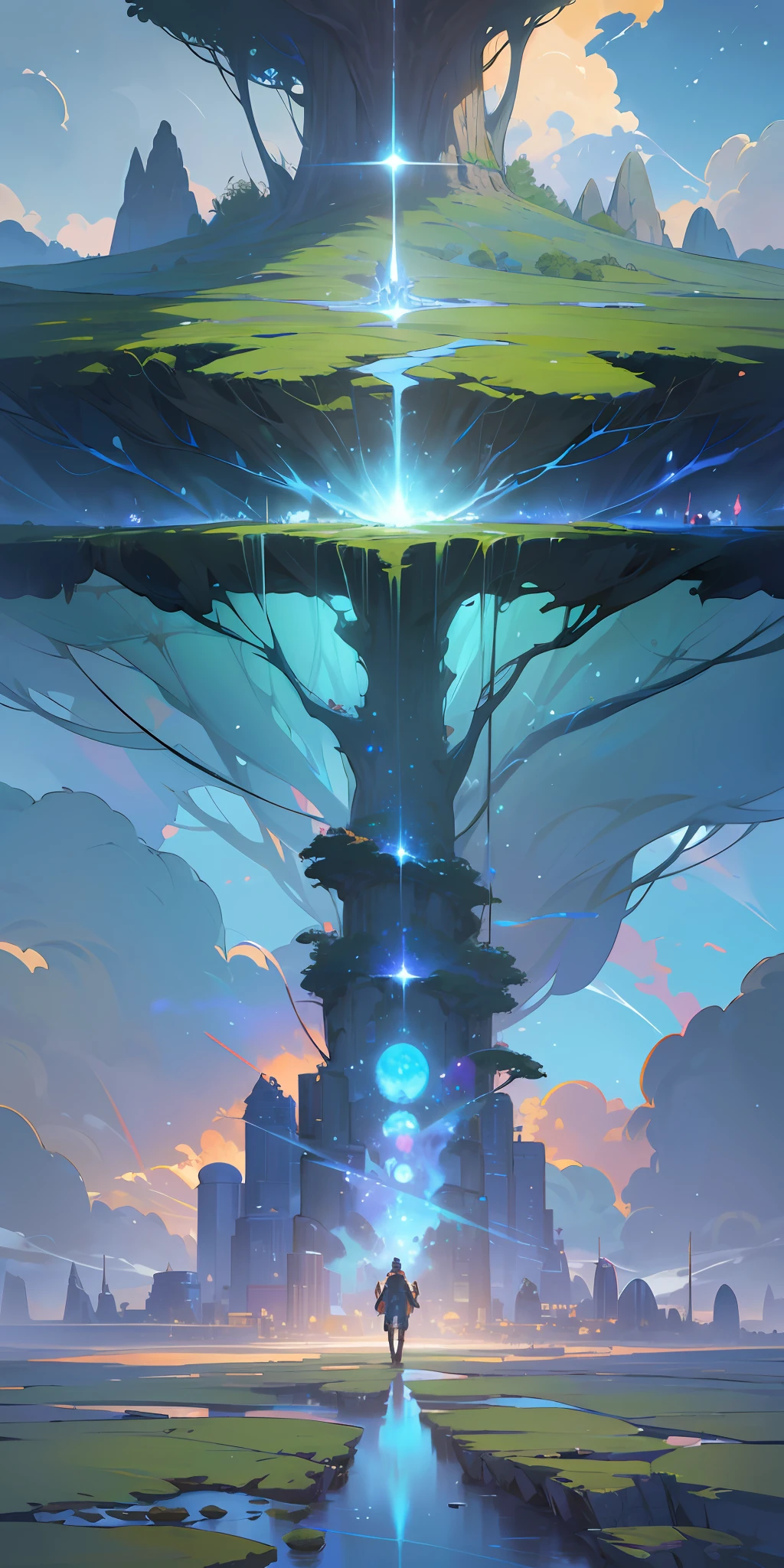 Illustration of a hyperrealistic , otherworldly, ultrasky scene featuring a giant crystal tree full body,very detailed and magical lighting, intricate forest details, vegetation and river around, solarpunk ,landscape, giant tree, beatifull leafy with beautiful lighting and realistic proportions, as if it were a cinematic background, 8k, highest quality, masterpiece, clouds and stars in the sky.Sky, Clouds, holding_weapon, no_humans, Glow, giant mechanical _ trees , city with tall trees _Architecture, “sky, cloud, glowing, big trees ,ghost in the shell, ghost machines, robot, cybernetic _trees, tree_mech, sci-fi, cityscape, realistic, mechanical” Science Fiction, Cities, Rendered in Octane, hyper realistic, 8k, epic composition, cinematic, octane render, artstation landscape vista photography by Carr Clifton & Galen Rowell, 16K resolution, Landscape veduta photo by Dustin Lefevre & tdraw, 8k resolution, detailed landscape painting by Ivan Shishkin, DeviantArt, Flickr, rendered in Enscape, Miyazaki, Nausicaa Ghibli, Breath of The Wild,,trending in artstation, cgsociety, 8k post-processing highly detailed,Junji Murakami, Mucha Klimt, Sharandula, Hiroshi Yoshida, Tom Bagshaw, Ross Tran, Artgerm,Craig Mullins,dramatic,Junji Murakami, moody lighting rendered by octane engine,characters 8K symmetrical arstation, cape,cinematic lighting, intricate details, 8k detail post processing, hyperealistic, octane rend, Zdzisław Beksiński style, ar 2:3 Reality Reality –auto –v6 –s2 --auto --s2