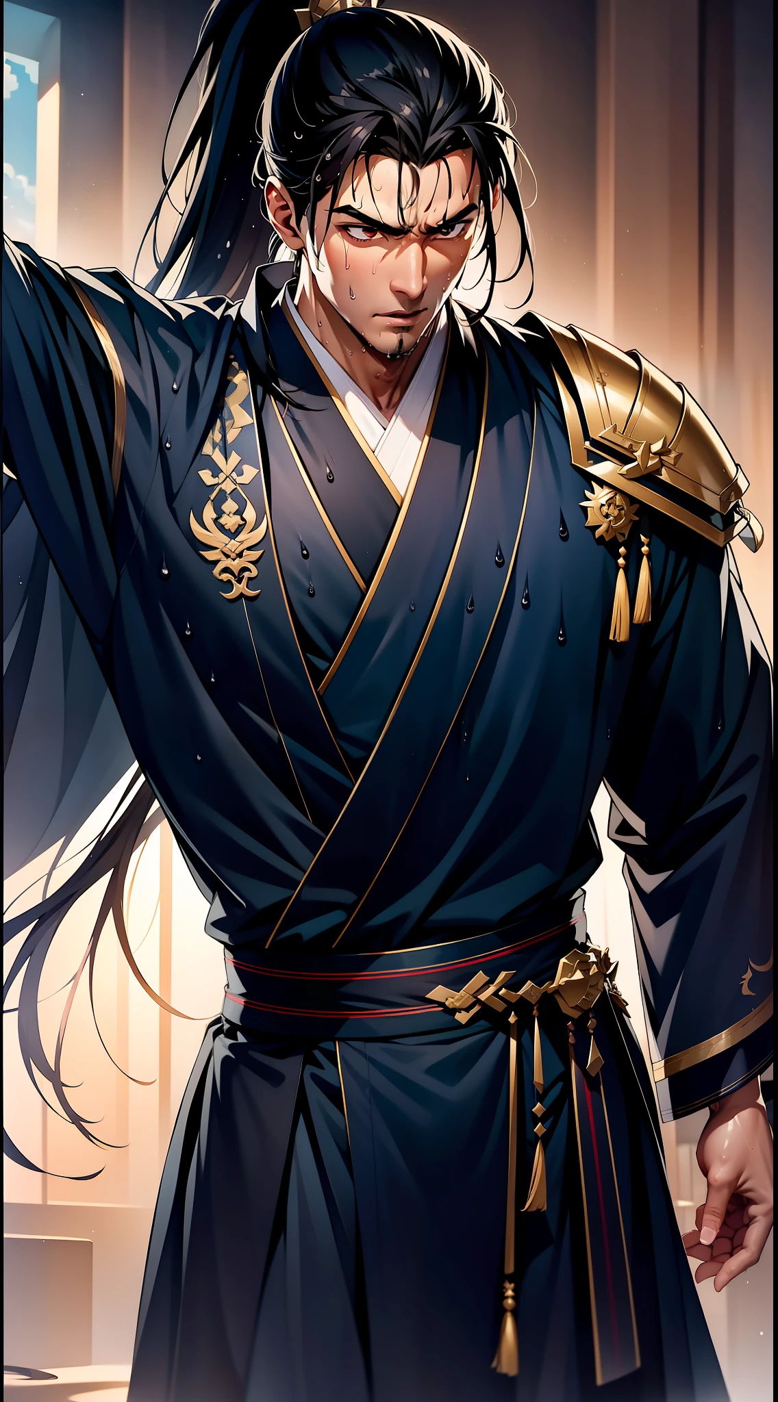 Two-dimensional, anime style, man (male warrior), muscle, correct proportions, face details, martial arts, high ponytail hairstyle, sweating, sweaty face, drooling, neck details, with Adam's apple, wet, wet, Hanfu costume, long robe, embroidered robe, dragon robe, clothing details, collar, long sleeves, game quality, swordsman demeanor, light and shadow tracing, ray tracing, detail glow, CG rendering, hair details, long black hair, golden eyes, sweaty face, handsome, handsome, sweat beads slipping down the neck, (juvenile feeling), complex clothing, wet, wet, perfect composition, refinement, high quality, more details, a lot of details, complex background, atmosphere,