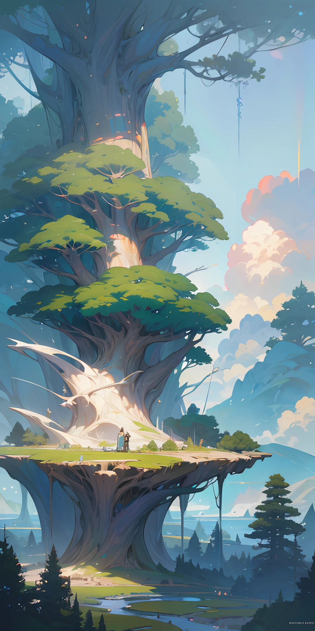 Illustration of a hyperrealistic , otherworldly, ultrasky scene featuring a giant crystal tree full body,very detailed and magical lighting, intricate forest details, vegetation and river around, solarpunk ,landscape, giant tree, beatifull leafy with beautiful lighting and realistic proportions, as if it were a cinematic background, 8k, highest quality, masterpiece, clouds and stars in the sky.Sky, Clouds, holding_weapon, no_humans, Glow, giant mechanical _ trees , city with tall trees _Architecture, “sky, cloud, glowing, big trees ,ghost in the shell, ghost machines, robot, cybernetic _trees, tree_mech, sci-fi, cityscape, realistic, mechanical” Science Fiction, Cities, Rendered in Octane, hyper realistic, 8k, epic composition, cinematic, octane render, artstation landscape vista photography by Carr Clifton & Galen Rowell, 16K resolution, Landscape veduta photo by Dustin Lefevre & tdraw, 8k resolution, detailed landscape painting by Ivan Shishkin, DeviantArt, Flickr, rendered in Enscape, Miyazaki, Nausicaa Ghibli, Breath of The Wild,,trending in artstation, cgsociety, 8k post-processing highly detailed,Junji Murakami, Mucha Klimt, Sharandula, Hiroshi Yoshida, Tom Bagshaw, Ross Tran, Artgerm,Craig Mullins,dramatic,Junji Murakami, moody lighting rendered by octane engine,characters 8K symmetrical arstation, cape,cinematic lighting, intricate details, 8k detail post processing, hyperealistic, octane rend, Zdzisław Beksiński style, ar 2:3 Reality Reality –auto –v6 –s2 --auto --s2