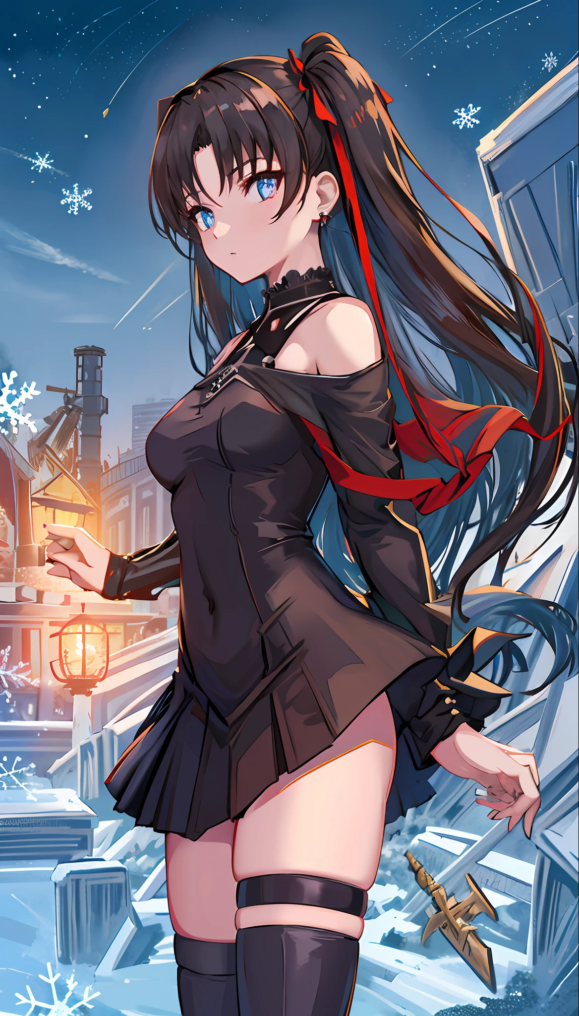 (Fate/stay night role, Tohsaka Rin: 1.6), messy hair, long hair, (expressive eyes, delicate eyes, glowing eyes), (many snowflakes around her: 1.2), switch,
\\
Masterpiece, Best Quality, Flat Color, Official Art, White Theme, (Ultra Detailed), (Illustration), Ink Painting, Blue Eyes, Cold Face, looking_at_viewer,1 Girl, Solo, [(Brunet: 1.2):(Brunet: 1.2): 0.5], Long Hair, Double Ponytail, Bare Shoulders, ((Cold Expression)), (Black ta Dress: 1.2), Cute Face, Black Stockings, blue_ inner_hair, Shawl, Thighs, Anklet, Femur Ring, Shut up, +_+, earrings, banded hair accessories, looking at the audience, piercing, smiling, (hands wrapped behind your back: 1.2)