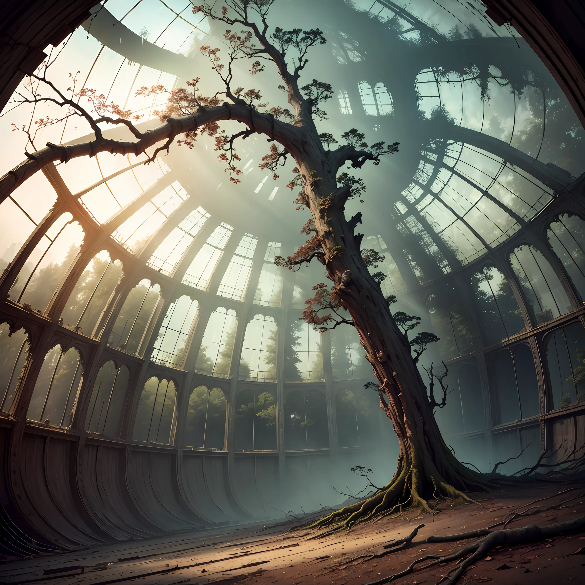 Decaying tree, inside a dome, sad, dramatic lighting, dry land, rain --auto --s2