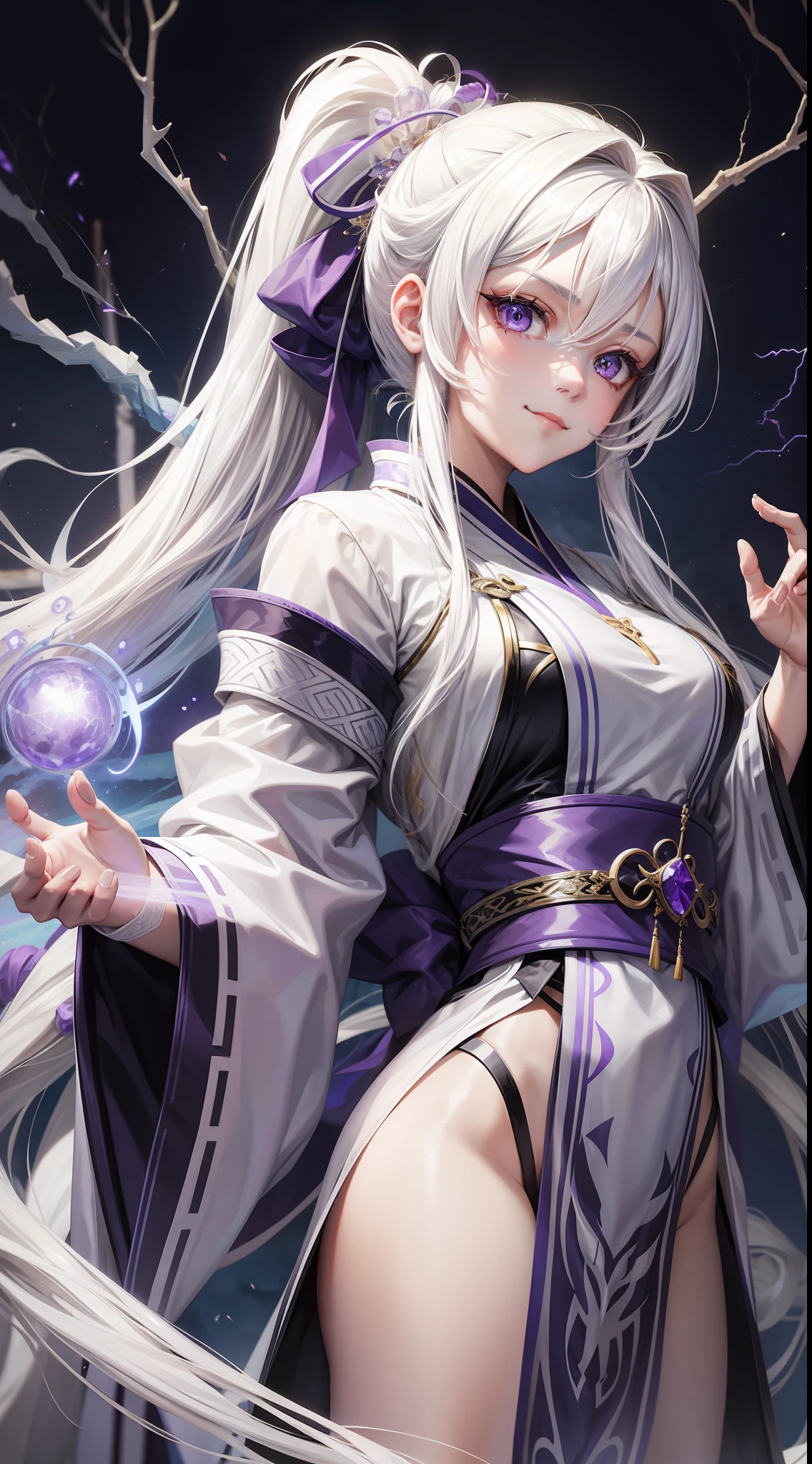 Young girl, long white hair, high ponytail, purple eyes, white hanfu, smirk, ice claws, lightning, masterpiece, high quality