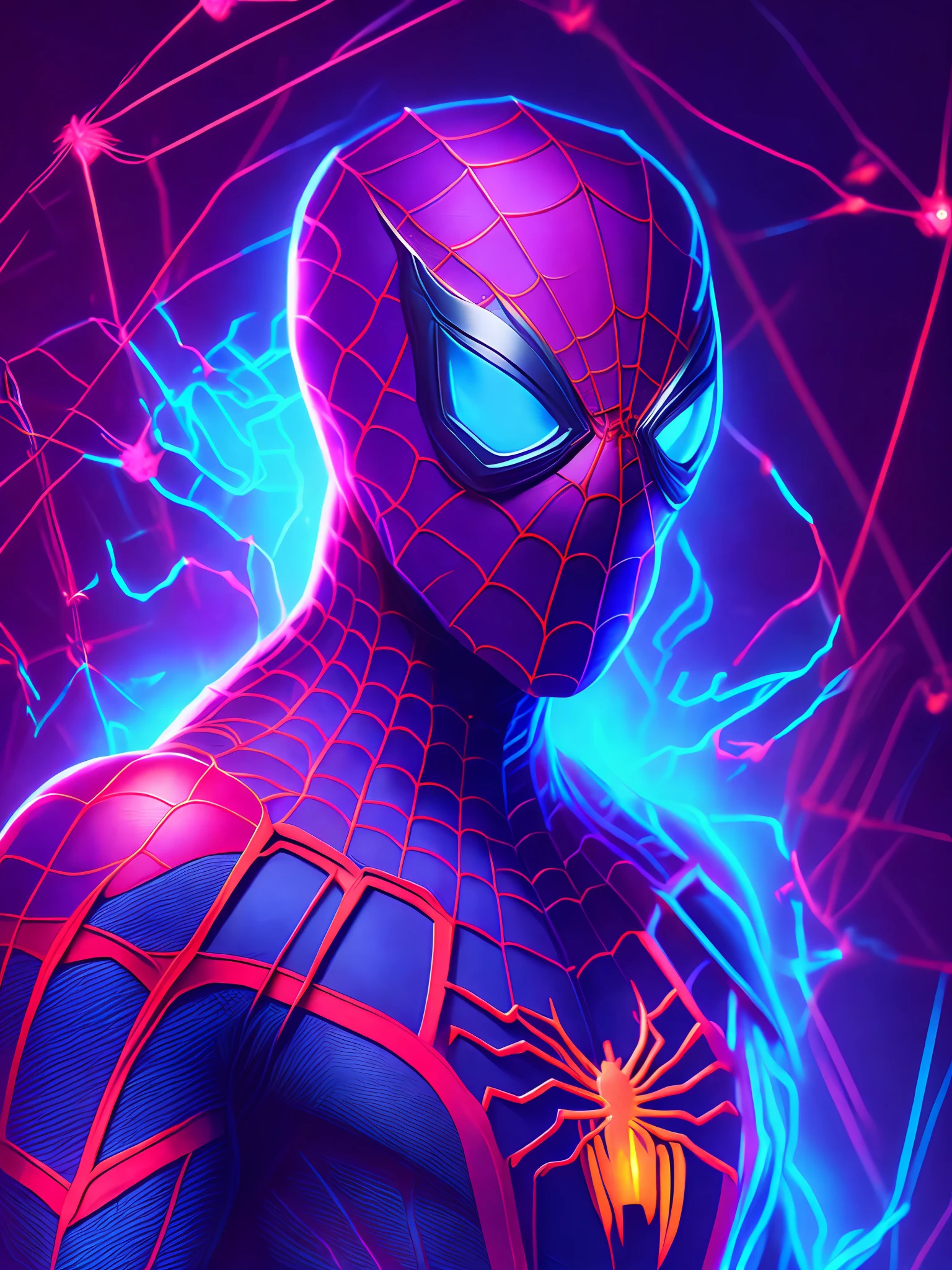 Neon Portrait, Spider-Man from Marvel, photorealistic painting, intricate, 8K, very detailed, three-dimensional lighting, digital painting, sharp and intense focus, works by Artgerm E. Rutkowski and Alphonse Mucha, CGsociety
