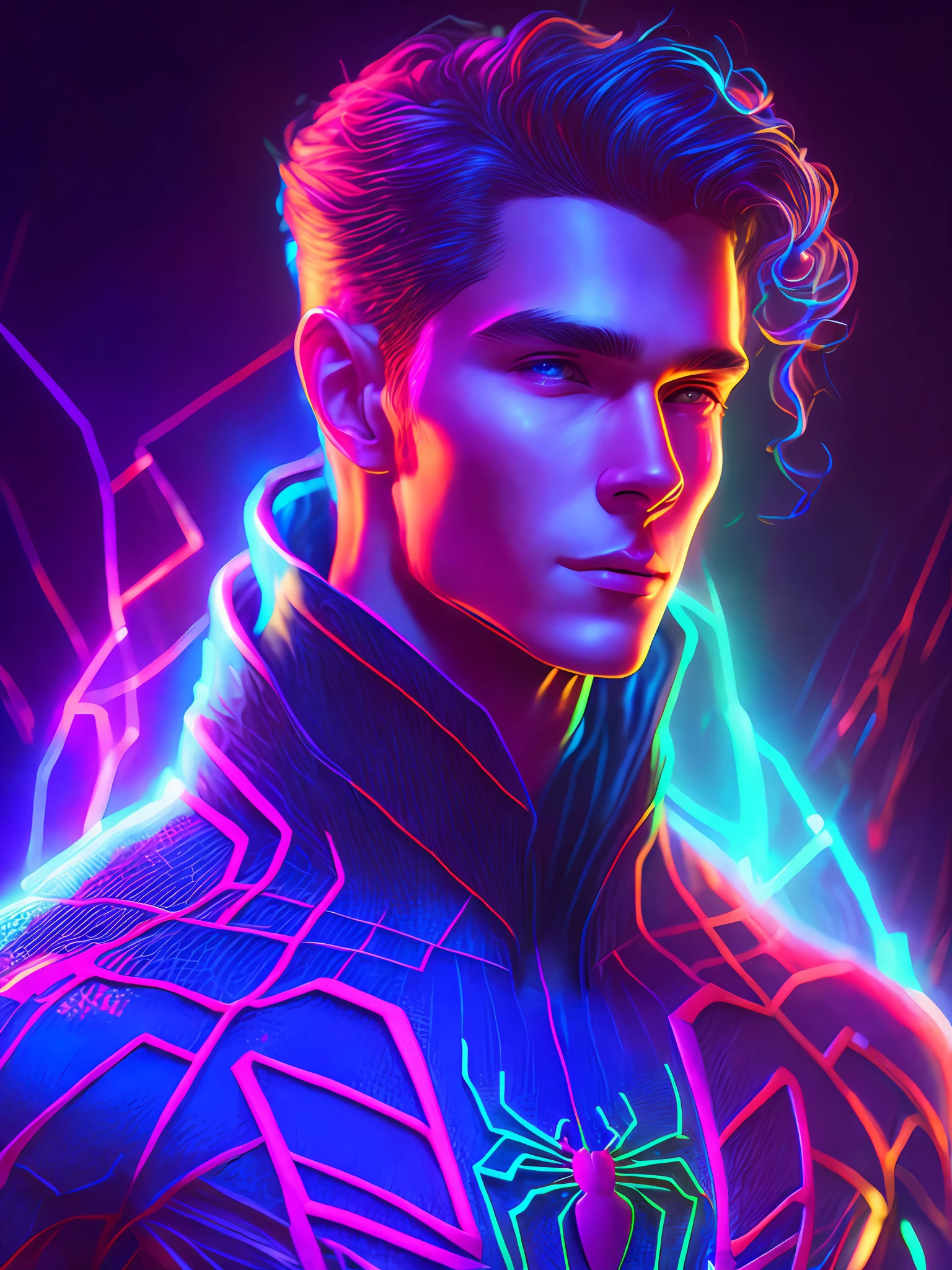 Neon Portrait, Spider-Man from Marvel, photorealistic painting, intricate, 8K, very detailed, three-dimensional lighting, digital painting, sharp and intense focus, works by Artgerm E. Rutkowski and Alphonse Mucha, CGsociety