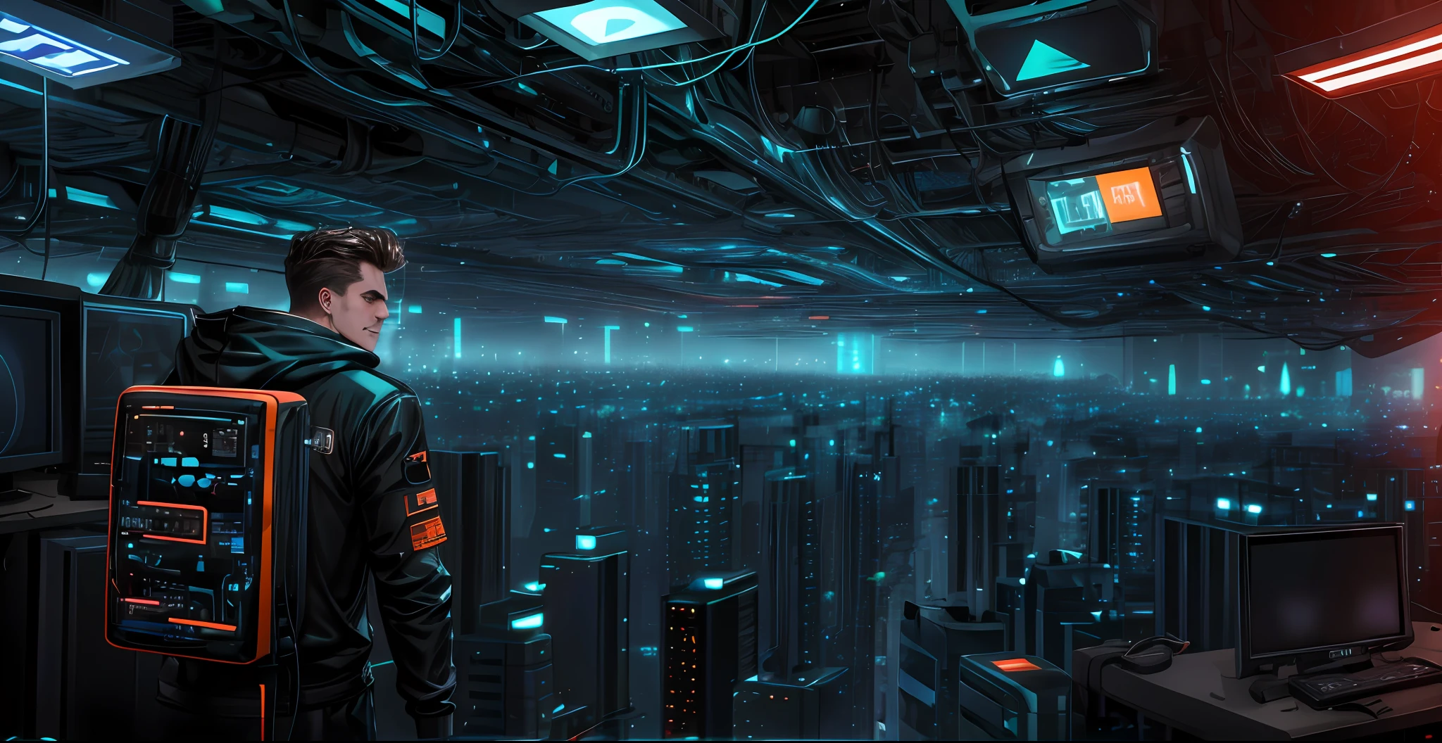 (Absurdres, Intricate Details, Masterpiece, Best Quality, High Resolution, 8k), 1 male, swedish, mature, aged up, handsome, finely detailed eyes and face, brown quiff hair, teal eyes, looking at viewer, solo, (full body:0.6), detailed background, detailed face, (CircuitBoardAI, electronic theme:1.1) evil high-tech futuristic hacker, smirk, advanced technology, hoodie, techwear, keycard, cables, (holographic display:1.05), error message, computer, password, server room in background, orange lights, cyber-warfare, dark sinister atmosphere, Depth of Field, VFX.