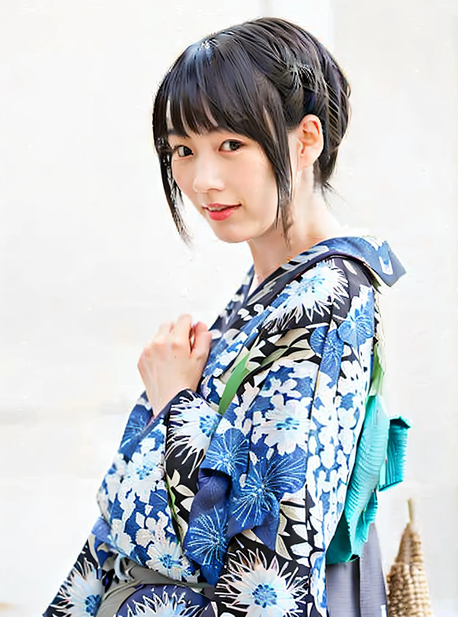 a close up of a woman in a kimono with a blue bag, kimi takemura, shiori teshirogi, in kimono, kotegawa yui, yukata clothing, yasumoto oka, harumi, ai yazawa, narumi kakinouchi, sui ishida with black hair, shikamimi, classy yukata clothing