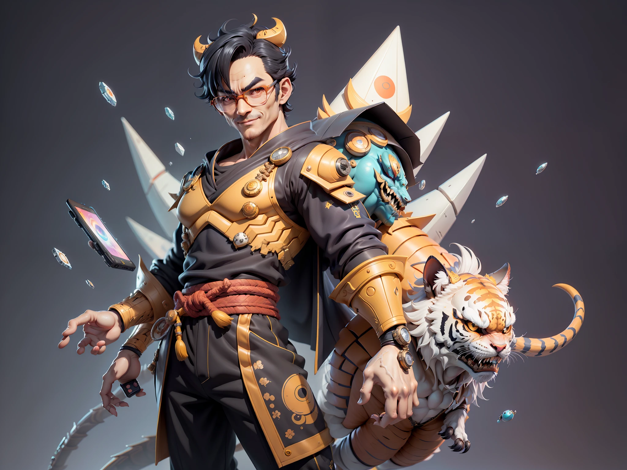 (Masterpiece), (Excellent), (Super Meticulous), (Full Body: 1.2), Super Young Man with Japanese Female Geisha, Pretty, Beautiful, Chinese Dragon, Tiger, Wind God Thor, Sexy, Bursting, Oriental Face, TV Anchor, Bust Portrait Illustration, Black Suit, Blue Tie, Slightly Chubby Face, Silver Glasses, Very Clean Face, No Beard on Chin, Black Super Short Hair, Black Eyes, Confident Smile, 3c Computer Sub-Products, iPad, iPhone, Digital Painting, 3D character design by Mark Clairedon and Pixar and Hayao Miyazaki and Akira Toriyama, the illustrations are HD illustrations in 4K resolution with highly detailed facial features and cartoon-style visuals.