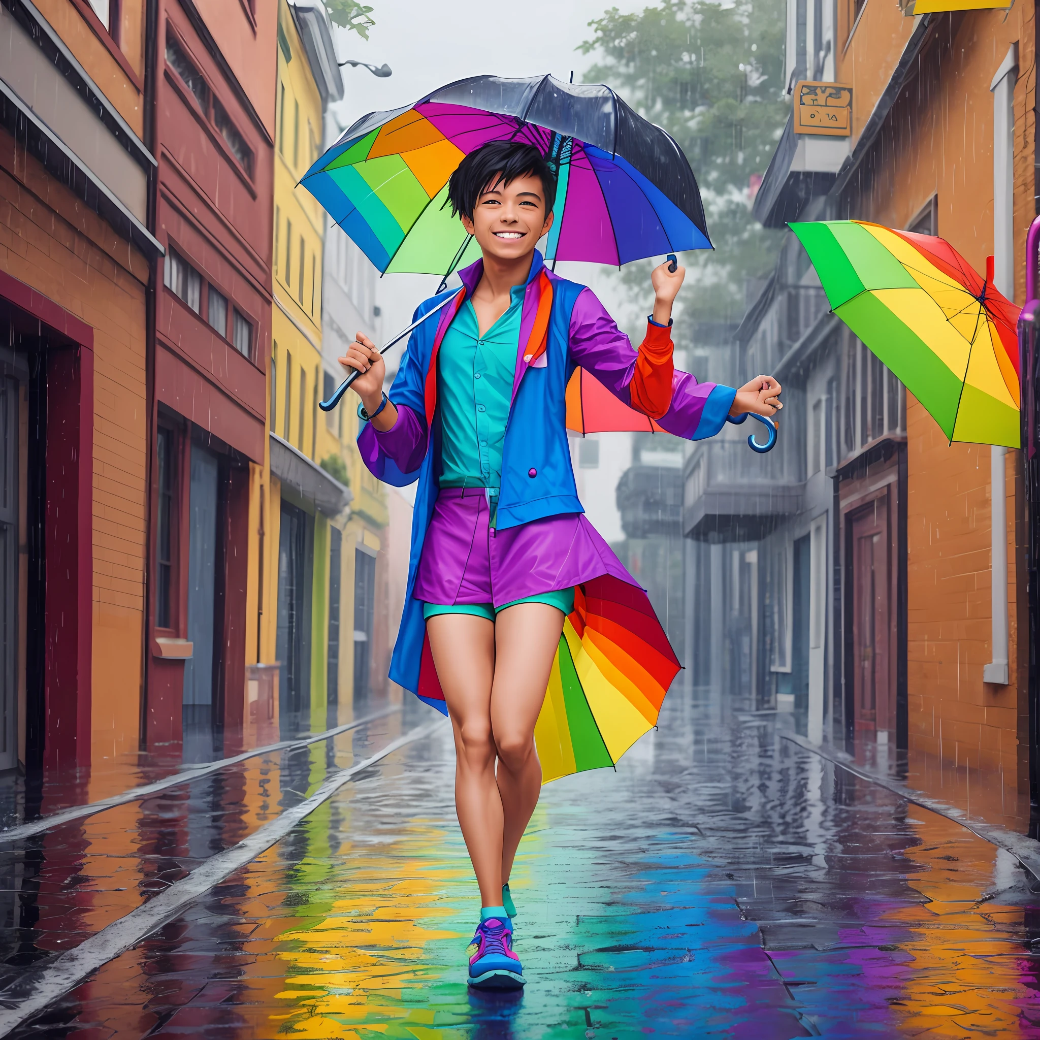 Image of a smiling queer person, holding an umbrella with the colors of the rainbow, while jumping into puddles of rain. --auto --s2
