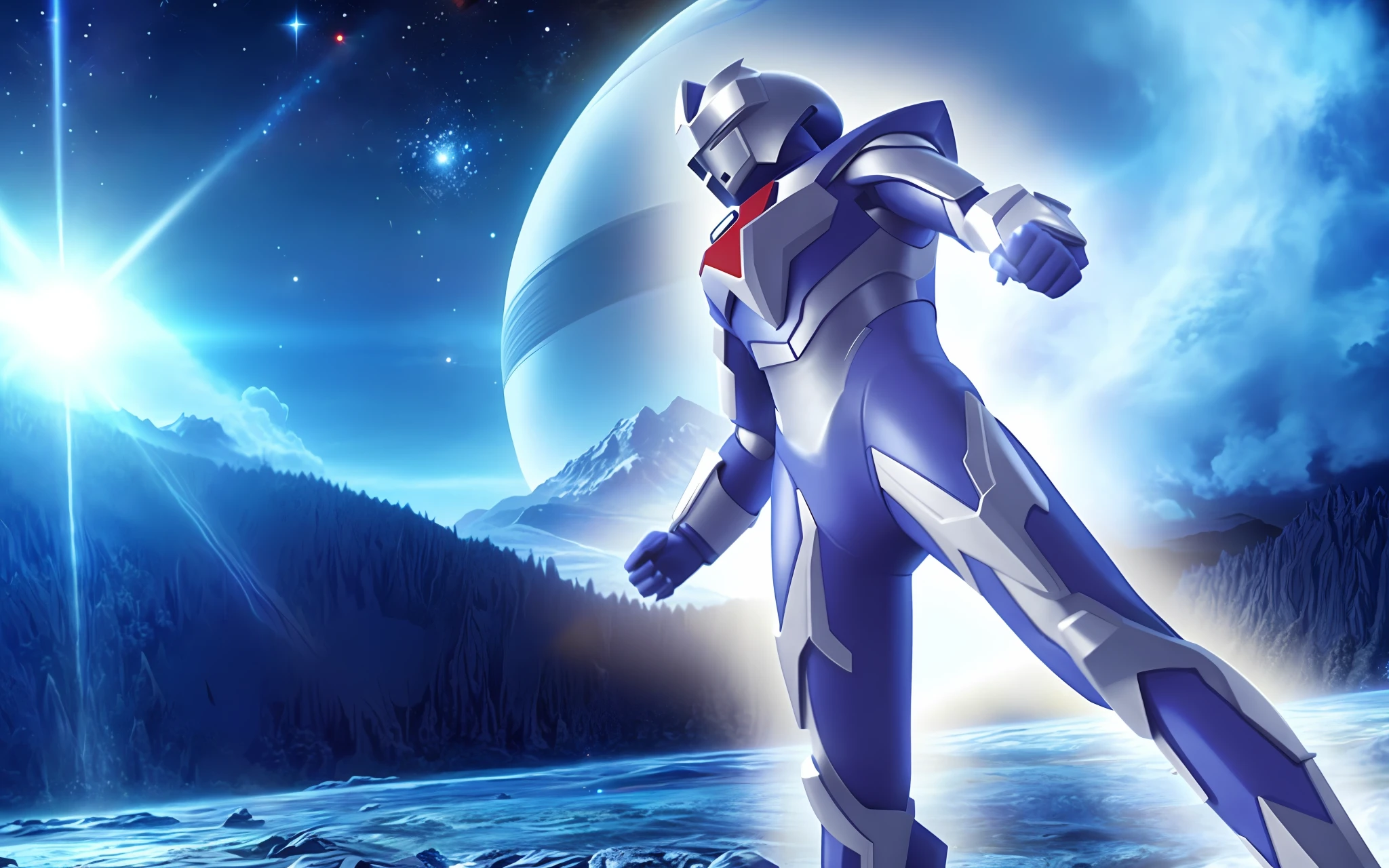 Ultraman, Man in Silver Spacesuit, Promotional Art, Humanoid Form, Transhuman, Energy Man Epic Anime, Sci-Fi, Promotional Art, Sci-Fi, Sci-Fi, Key Art, Movie Promotional Pictures, Astronaut Standing and Watching, Sci-Fi Set, Cartoon Character