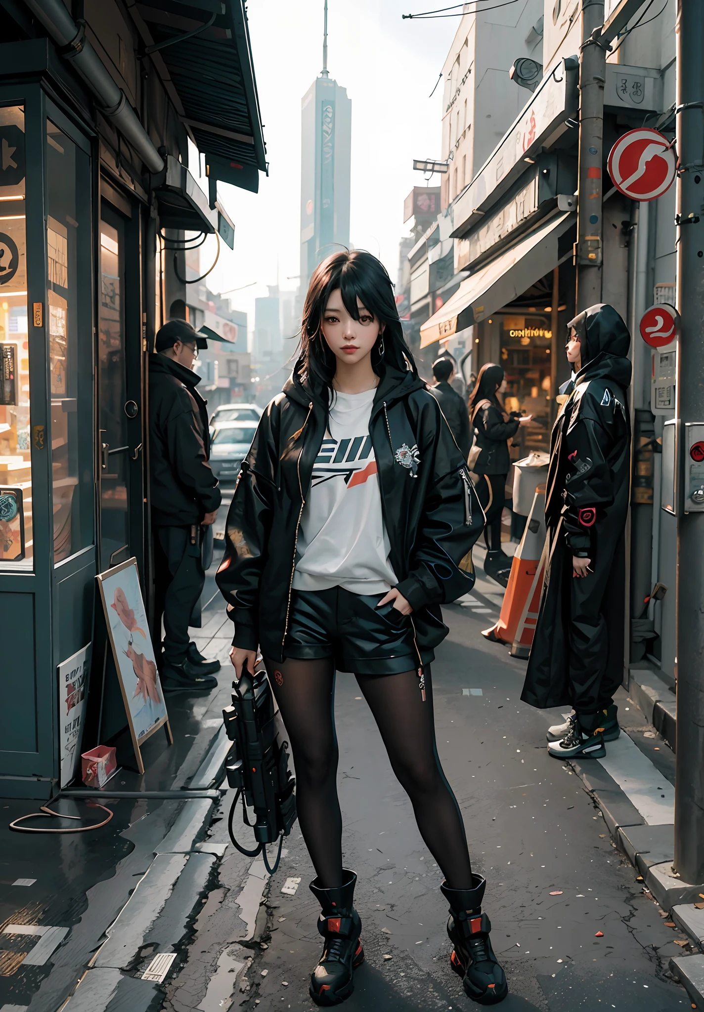 there is a woman with a camera on a city street, artwork in the style of guweiz, cyberpunk anime girl in hoodie, guweiz, trending on cgstation, ross tran 8 k, hyper-realistic cyberpunk style, cyberpunk anime girl, beautiful cyberpunk girl face, guweiz on pixiv artstation, dreamy cyberpunk girl