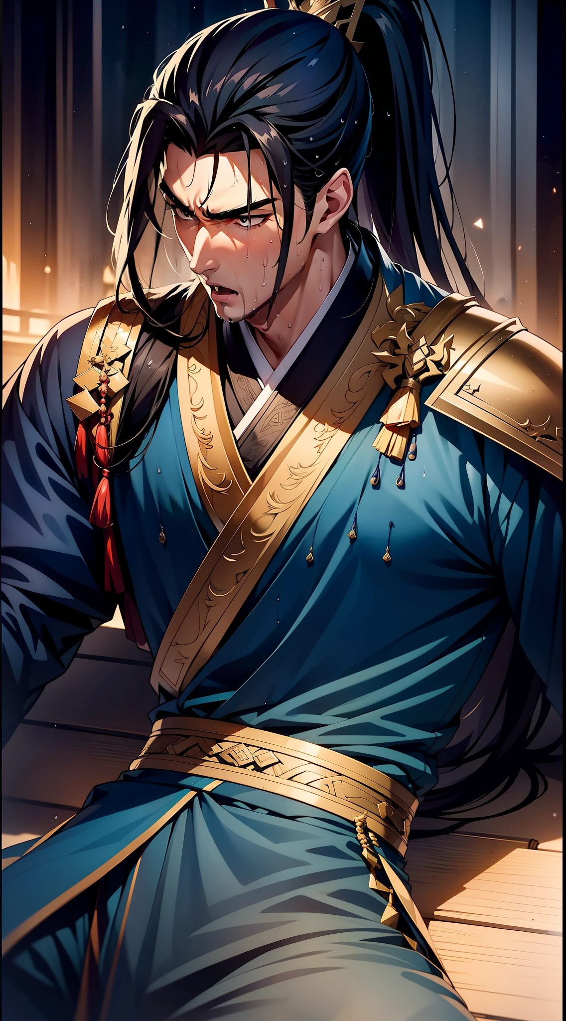 Two-dimensional, anime style, man (male warrior), muscle, correct proportions, face details, martial arts, high ponytail hairstyle, sweating, sweaty face, drooling, neck details, with Adam's apple, wet, wet, Hanfu costume, long robe, embroidered robe, dragon robe, clothing details, collar, long sleeves, game quality, swordsman demeanor, light and shadow tracing, ray tracing, detail glow, CG rendering, hair details, long black hair, golden eyes, sweaty face, handsome, handsome, sweat beads slipping down the neck, (juvenile feeling), complex clothing, wet, wet, perfect composition, refinement, high quality, more details, a lot of details, complex background, atmosphere,