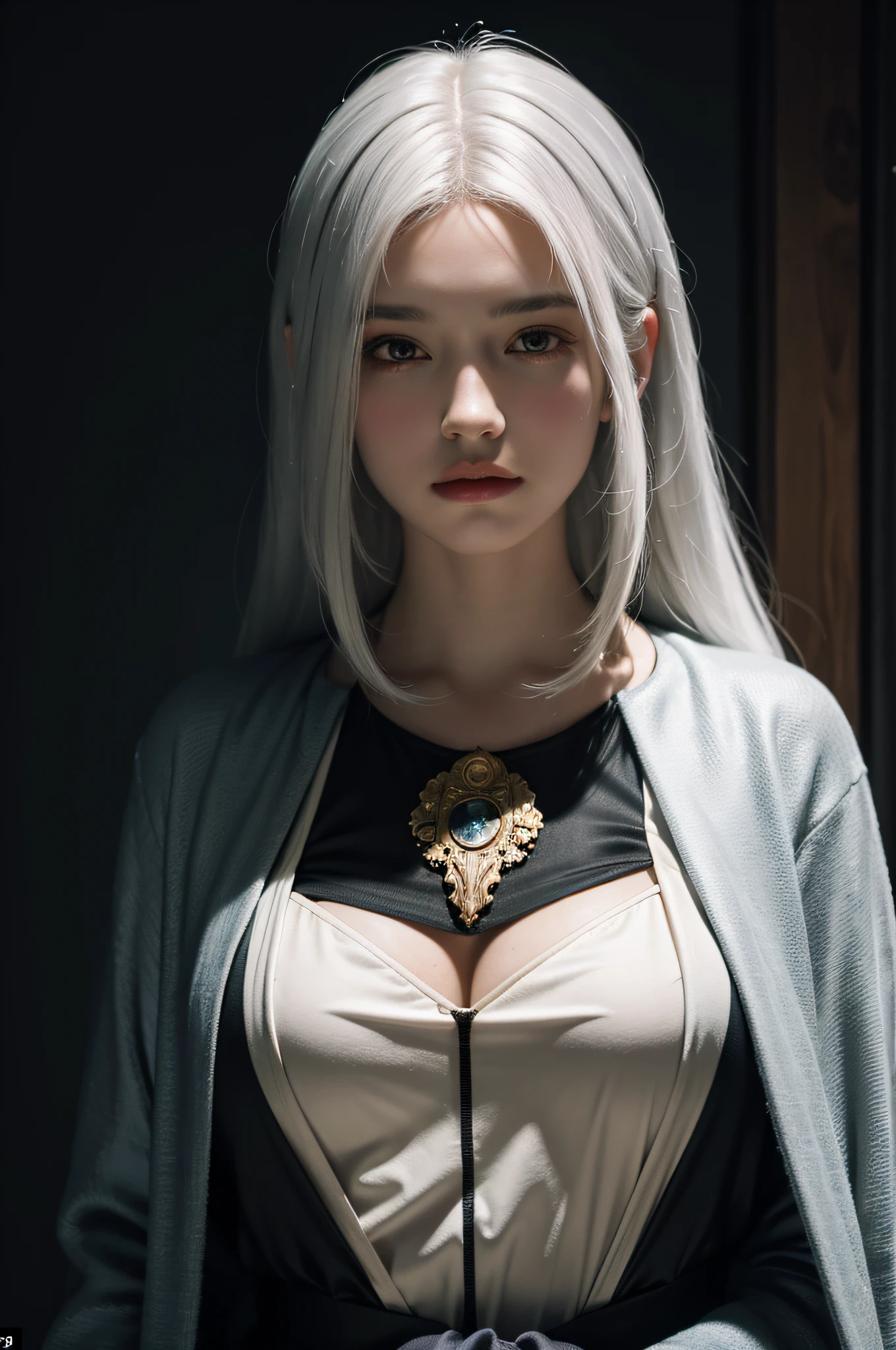 (In the Dark: 1.6), surreal female portrait by David Hockney and Alphonse Mucha, fantasy art, photorealism, dynamic lighting, artstation, poster, volumetric lighting, very detailed faces, 4k, award winning, 1girl, in the dark, deep shadow, low key, cowboy lens, (official costume: 1.4), long hair, white hair, bust, library,