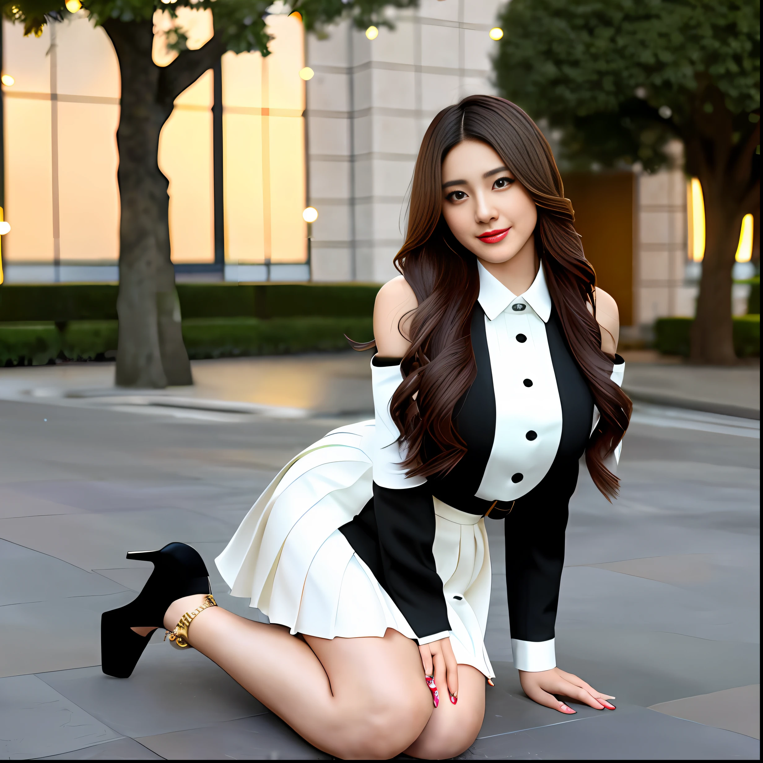masterpiece, best quality, highres, ultra high res,real, photorealistic,1 girl,night,cinematic lighting,looking at viewer,outdoor,full body,headband,smile,arms behind back,uniform,pleated skirt,city,tree,plump body,round face,straight hair,long hair,details eyes,lipstick,large breasts,medium waist,medium thighs,high heels