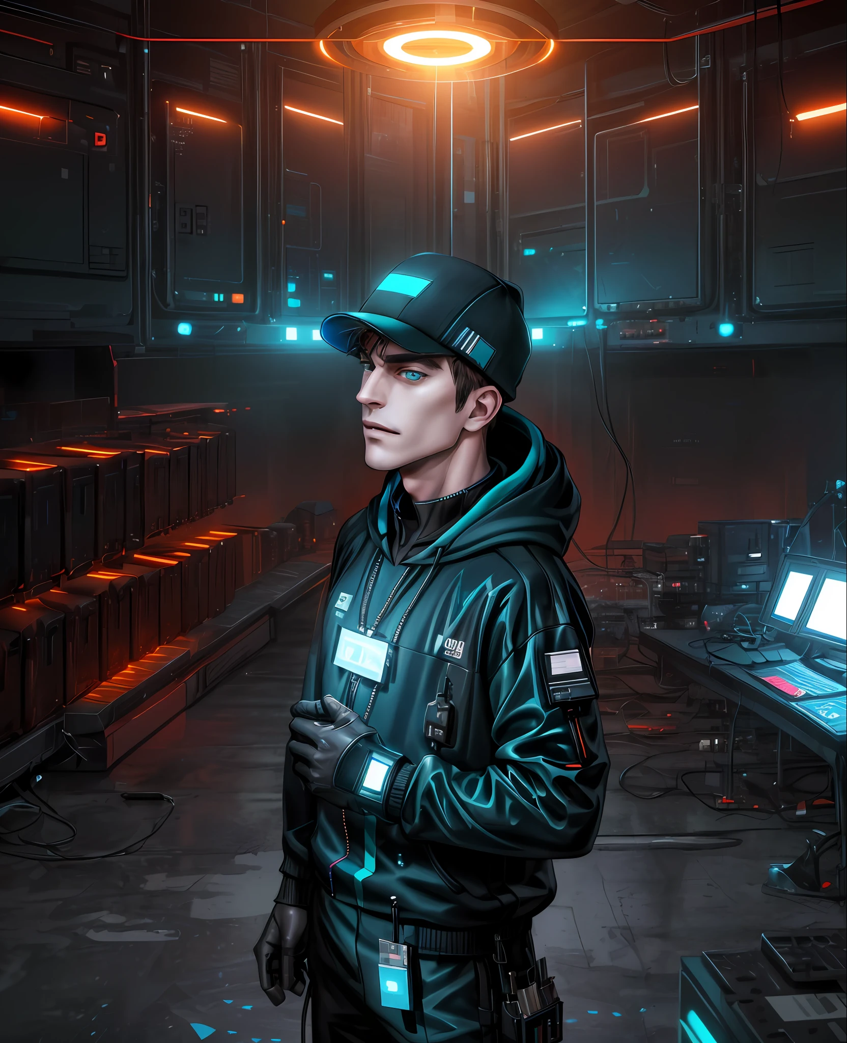 (Absurdres, Intricate Details, Masterpiece, Best Quality, High Resolution, 8k), 1 male, swedish, mature, aged up, handsome, finely detailed eyes and face, brown quiff hair, teal eyes, looking at viewer, solo, (full body:0.6), detailed background, detailed face, (CircuitBoardAI, electronic theme:1.1) evil high-tech futuristic hacker, smirk, advanced technology, hoodie, techwear,  keycard, cables,   (holographic display:1.05), error message,  computer, password, server room in background, orange lights, cyber-warfare, dark sinister atmosphere,  Depth of Field, VFX.