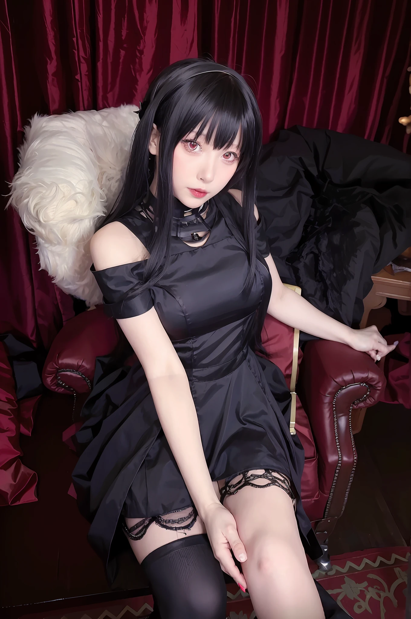 there is a woman sitting on a chair in a black dress, black gothic lolita dress, anime girl wearing a black dress, loli in dress, 1 7 - year - old anime goth girl, wearing a gothic dress, gothic maiden anime girl, dark gothic dress, dark astral dress, anime girl cosplay, black hime cut hair, gothic dress, school girl in gothic dress