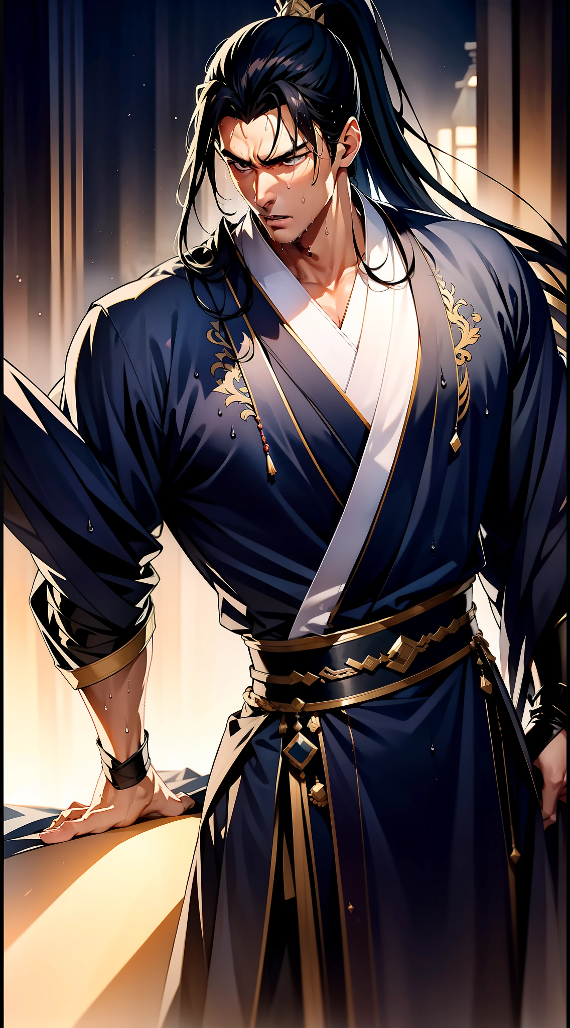 Two-dimensional, anime style, man (male warrior), muscle, correct proportions, face details, martial arts, high ponytail hairstyle, sweating, sweaty face, drooling, neck details, with Adam's apple, wet, wet, Hanfu costume, long robe, embroidered robe, dragon robe, clothing details, collar, long sleeves, game quality, swordsman demeanor, light and shadow tracing, ray tracing, detail glow, CG rendering, hair details, long black hair, golden eyes, sweaty face, handsome, handsome, sweat beads slipping down the neck, (juvenile feeling), complex clothing, wet, wet, perfect composition, refinement, high quality, more details, a lot of details, complex background, atmosphere,