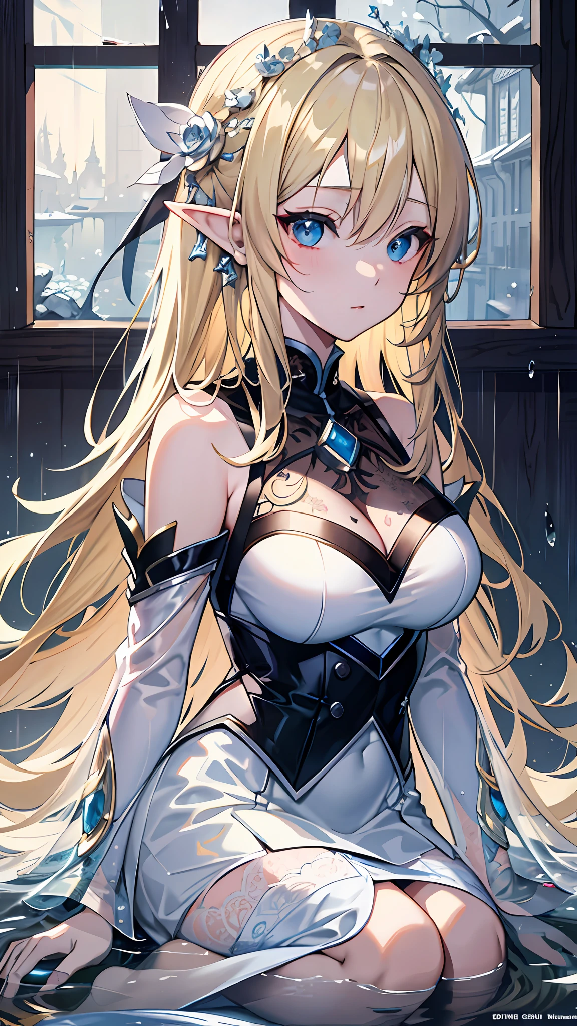 anime girl with blue eyes and blonde hair in a white dress, detailed digital anime art, elf girl, seductive anime girl, detailed anime art, detailed anime artwork, guweiz, clean detailed anime art, 8k high quality detailed art, loish and wlop, beautiful anime girl, artwork in the style of guweiz, beautiful alluring anime woman , sea, rain , wet , ultra detailed, masterpiece,best quality,ultra-detailed,very detailed illustrations,extremely detailed,intricate details,highres,super complex details,extremely detailed 8k cg wallpaper, caustics,reflection,ray tracing, 1girl:1.4), solo, alone, detailed background, ((masterpiece)), absurdres, HDR, (Classic headshot pose), extremely detailed 8K wallpaper,masterpiece,highres,detailed manga illustration,